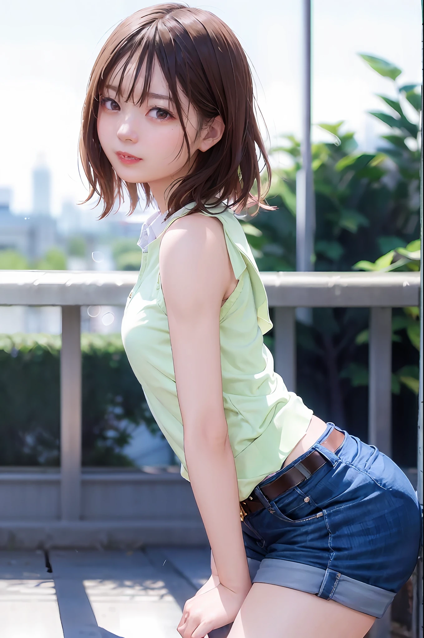 ((medium breast, tomboy girls, small head)), daylight, sunlight, (chiseled abs : 1.1), (perfect body : 1.1), (short wavy hair : 1.2) , auburn hair, collar, chain, full body shot, crowded street, wearing black tanktop, jeans jacket, ((shorts)), (extremely detailed CG 8k wallpaper), (an extremely delicate and beautiful), (masterpiece), (best quality:1.0), (ultra highres:1.0),  beautiful lighting ,perfect lightning, realistic shadows, [highres], detailed skin, ultra-detailed