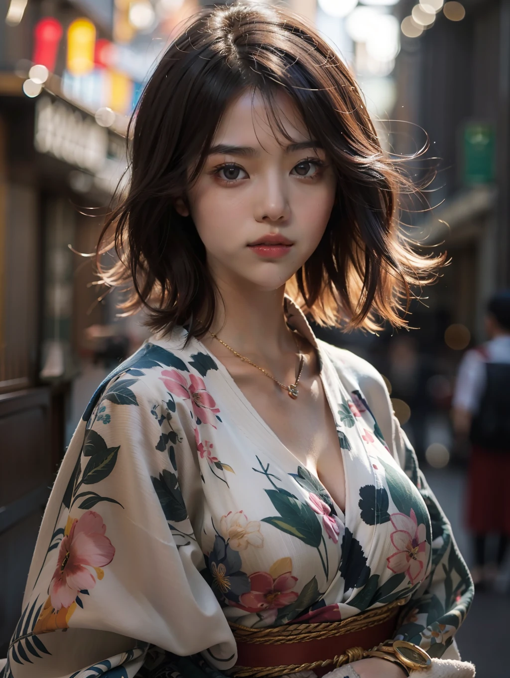 (Best quality, 8k, 32k, Masterpiece, UHD:1.2),Photo of Pretty Japanese woman, large , very short bob hair,upper body,face focus,oversized_sweater, necklace, simple background, from above, looking at viewer,