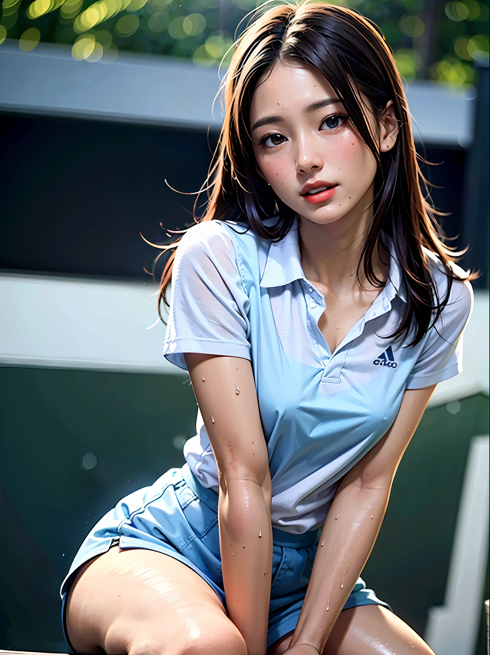 Absurd, Masterpiece, Best Quality, Realistic, Ultra Detail, (Shiny Skin, Sweat: 1.4), Slim, Gaze Viewer, 1Girl, Solo, Tennis Wear, White Polo Shirt, White Sneakers, White Miniskirt, Long Hair, Silver Hair, Blue Eyes, (Thick Thighs: 0.5), Dynamic Lighting, High Resolution, Sharp Focus, Depth of Field, Small Breasts