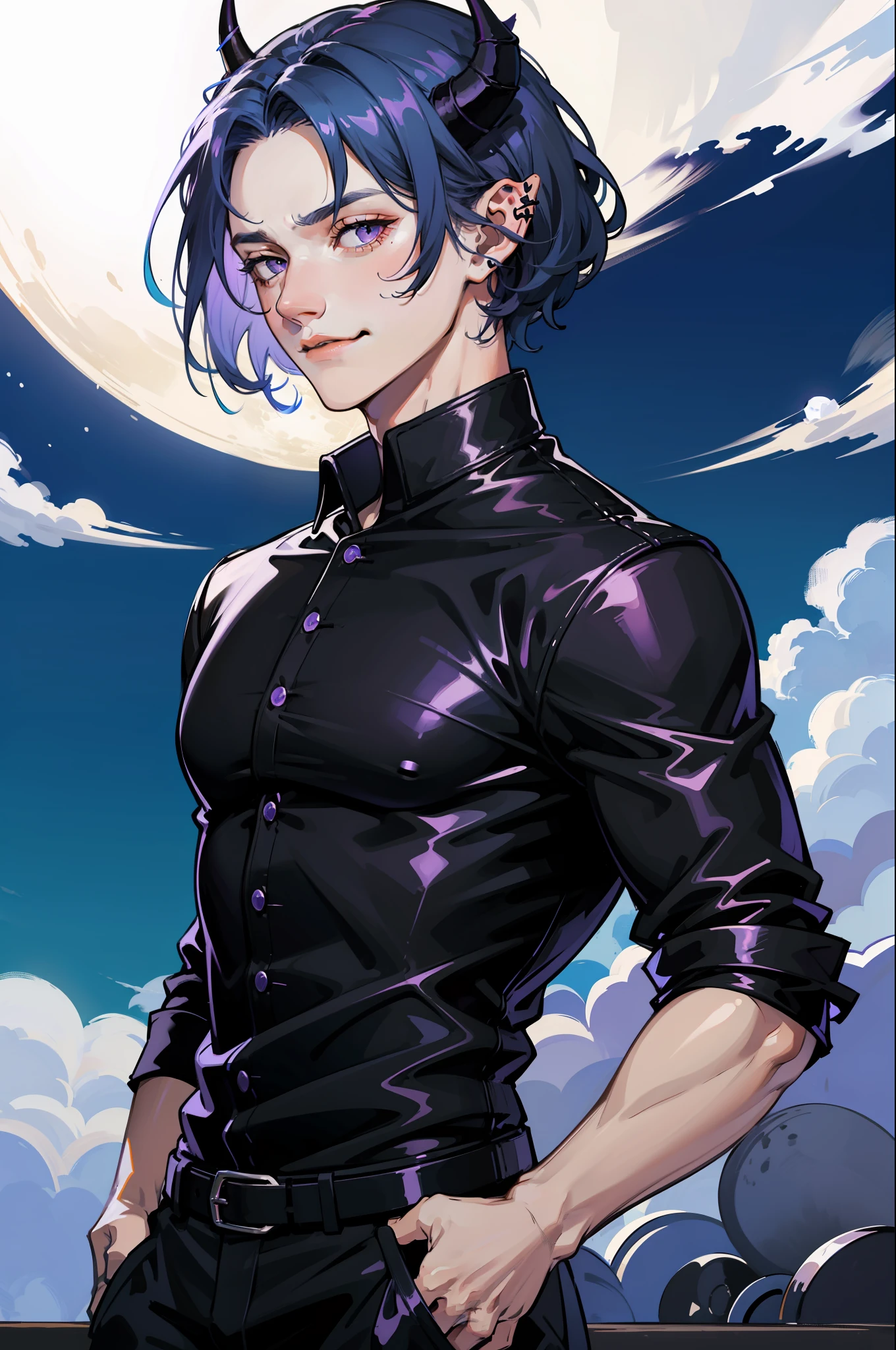 (absurdres, highres, ultra detailed), 1man, 30 years old man, adult man, handsome, tall, finely detailed eyes and detailed face, leather pants, (((black shirt))), night, smile, dutch angle, ((short hair, blue hair)), moon, silver details, gothic, incubus, prince, dark, simple clothes, looking at the view, pale skin, purple detailed eyes, (masculine), sexy, elegant, (((long bangs))), detailed hands, (((purple eyes))), bad boy, (muscles), smirk, ((((horns)))), shirt without buttons, defined muscles, braid, ((angular, masculine face))