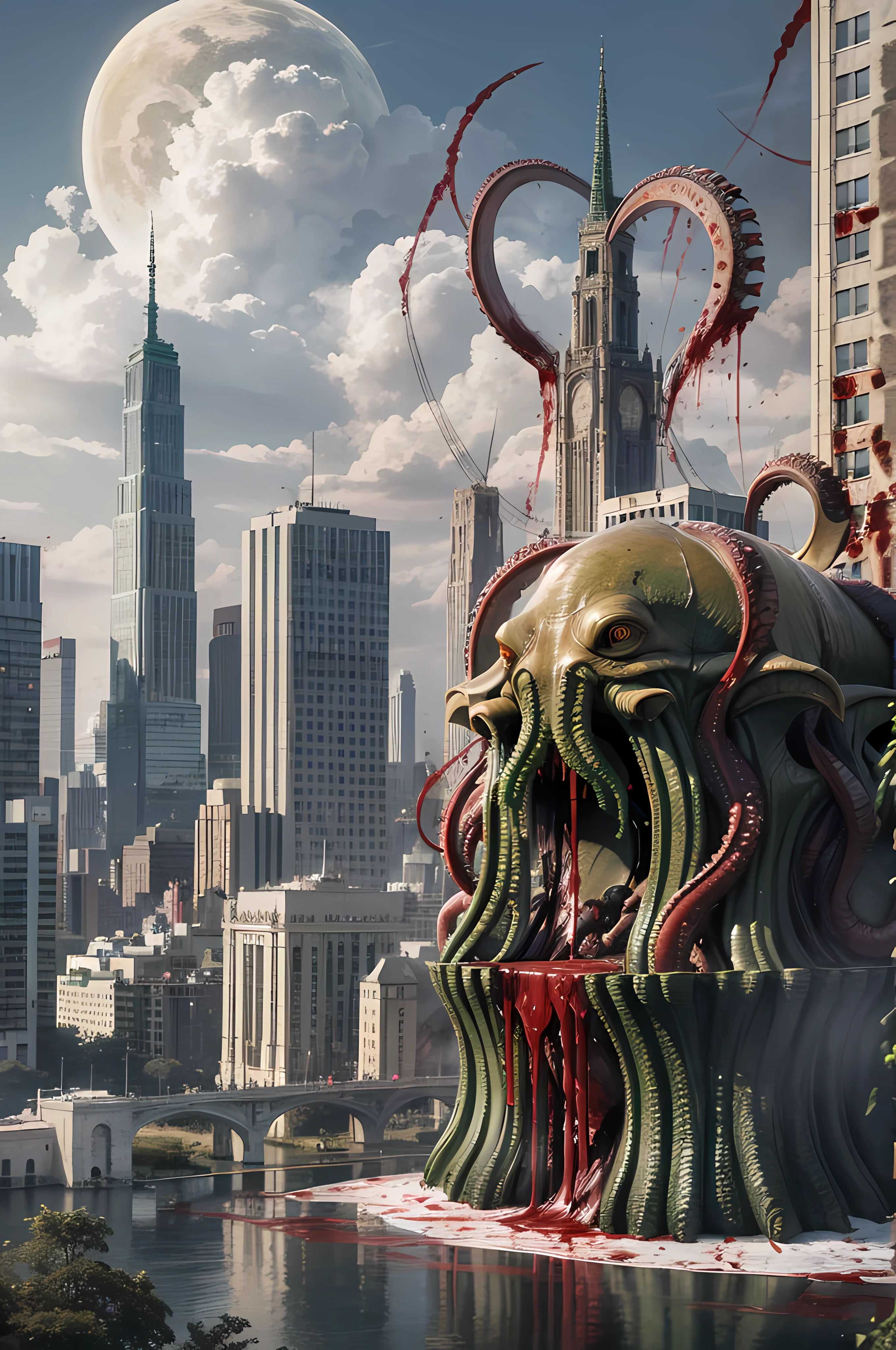 (((Cthulhu Mythos))),((Blood,Bloody)),Best quality, Masterpiece, A high resolution,extremely detailed CG wallpaper,Modern City,More details,(Stand on a tall building),(Black tentacles),(blood vess),kesulu