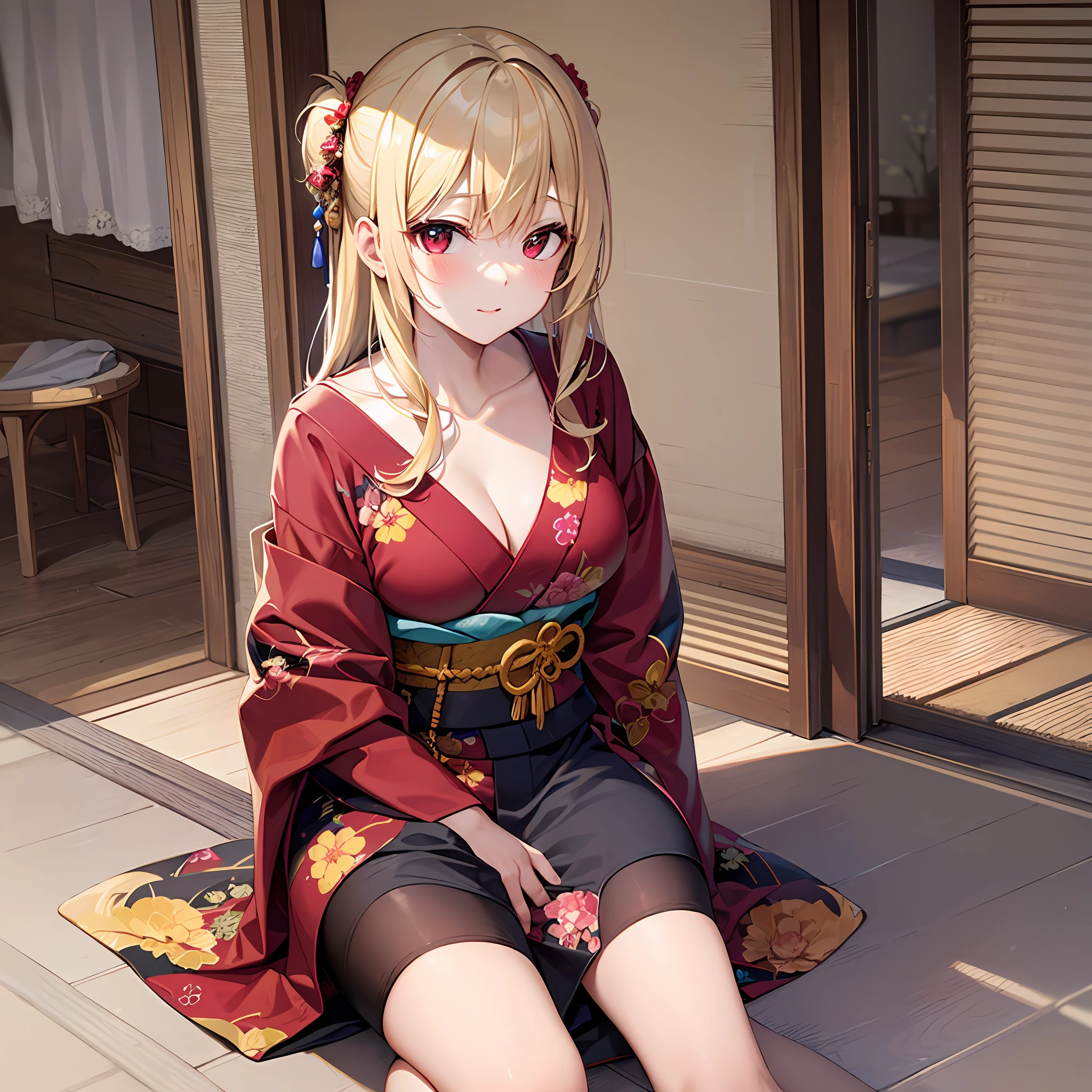 One blonde girl、red eyes、Kimono、beautiful foot