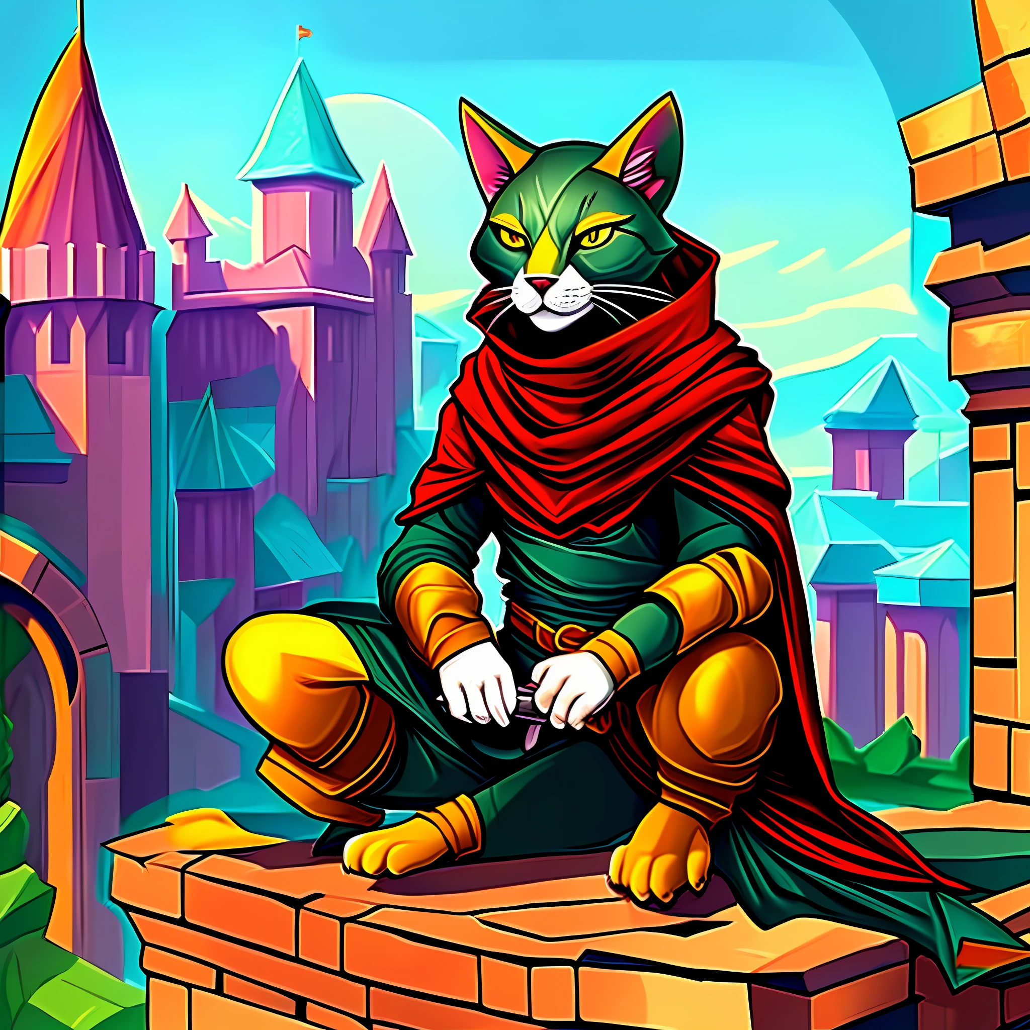 cartoon cat sitting on a wall with a sword and a castle in the background, tabaxi monk, tabaxi :: rogue, cat warrior, tabaxi, the golden cat armor knight, full color illustration, furry fantasy art, fantasy rpg book illustration, full art illustration, anthropomorphic cat ninja, wearing golden cat armor, anthro cat