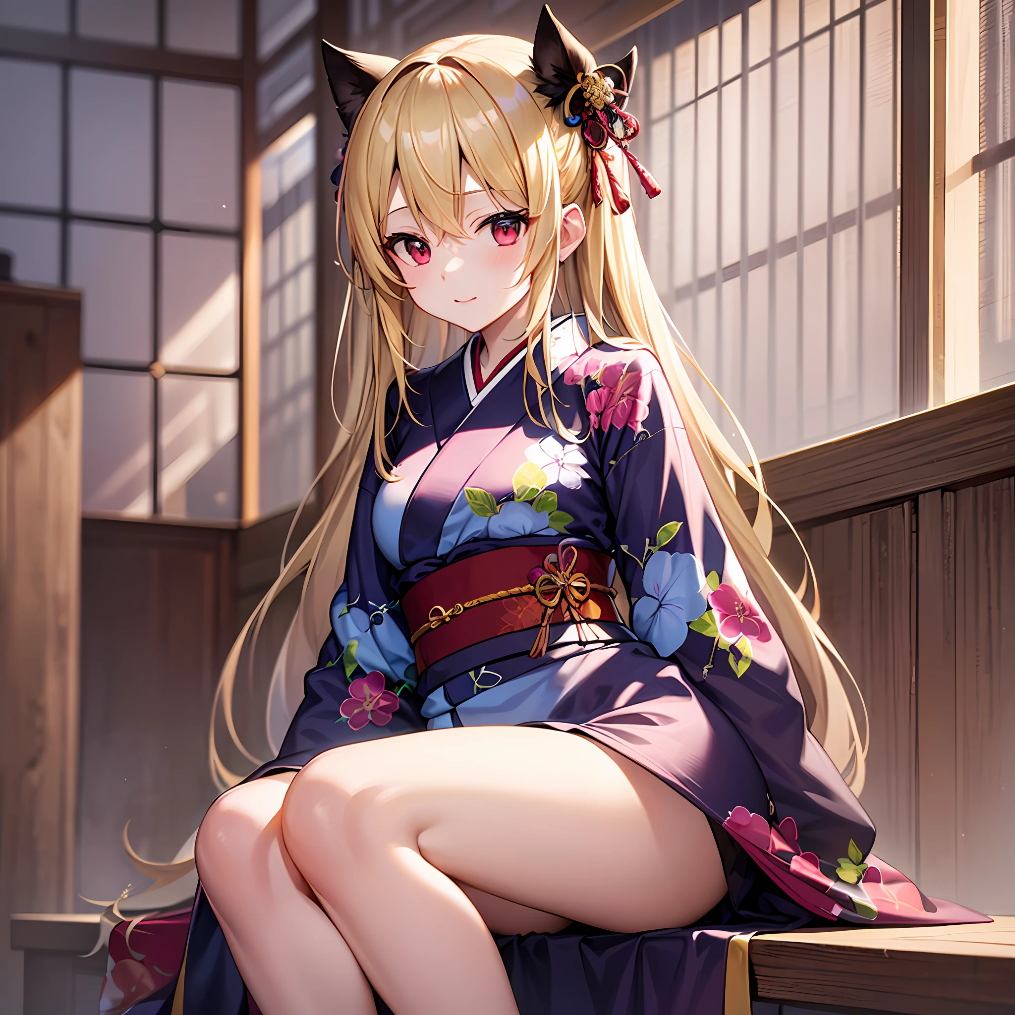 One blonde girl、red eyes、Kimono、a miniskirt