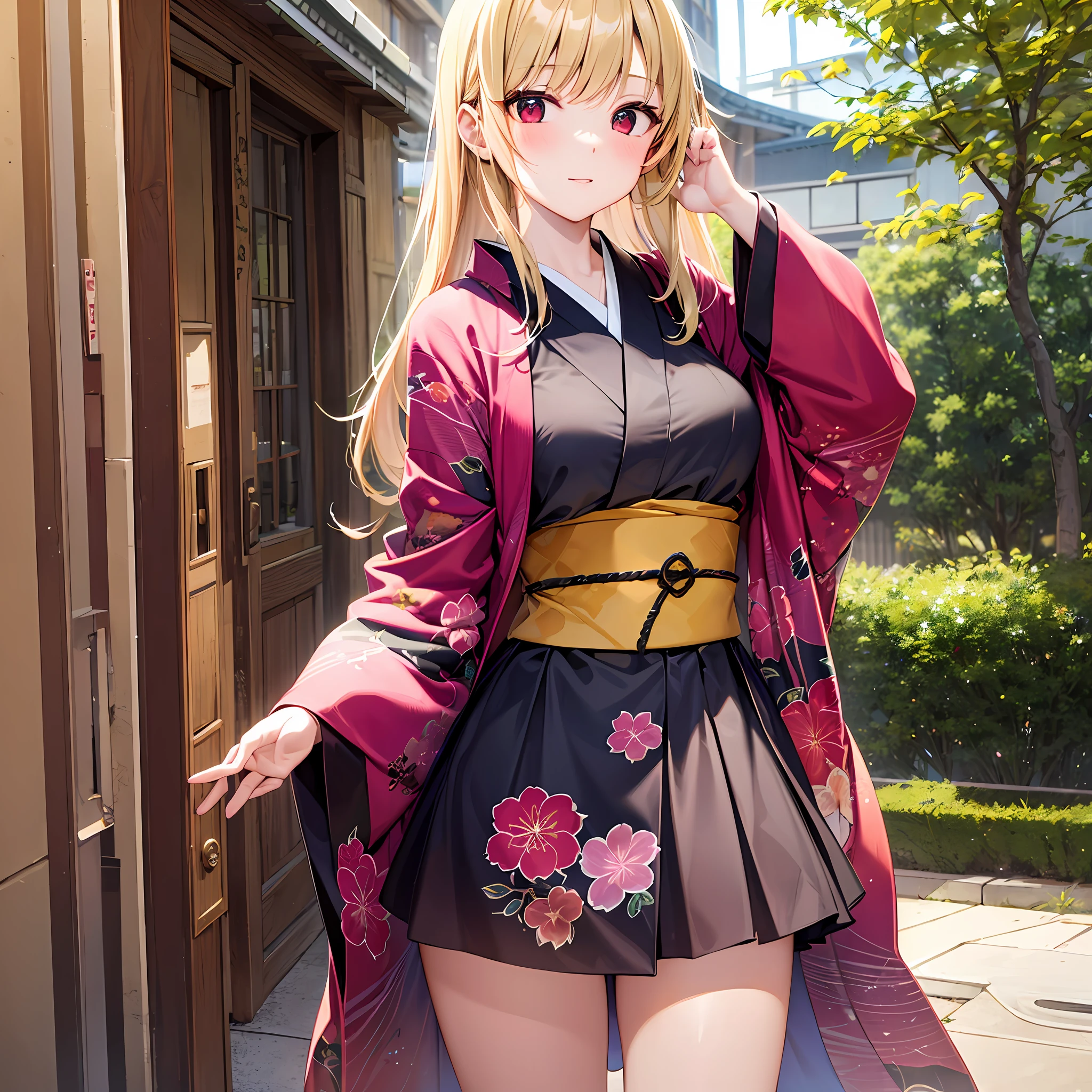 One blonde girl、red eyes、Kimono、a miniskirt