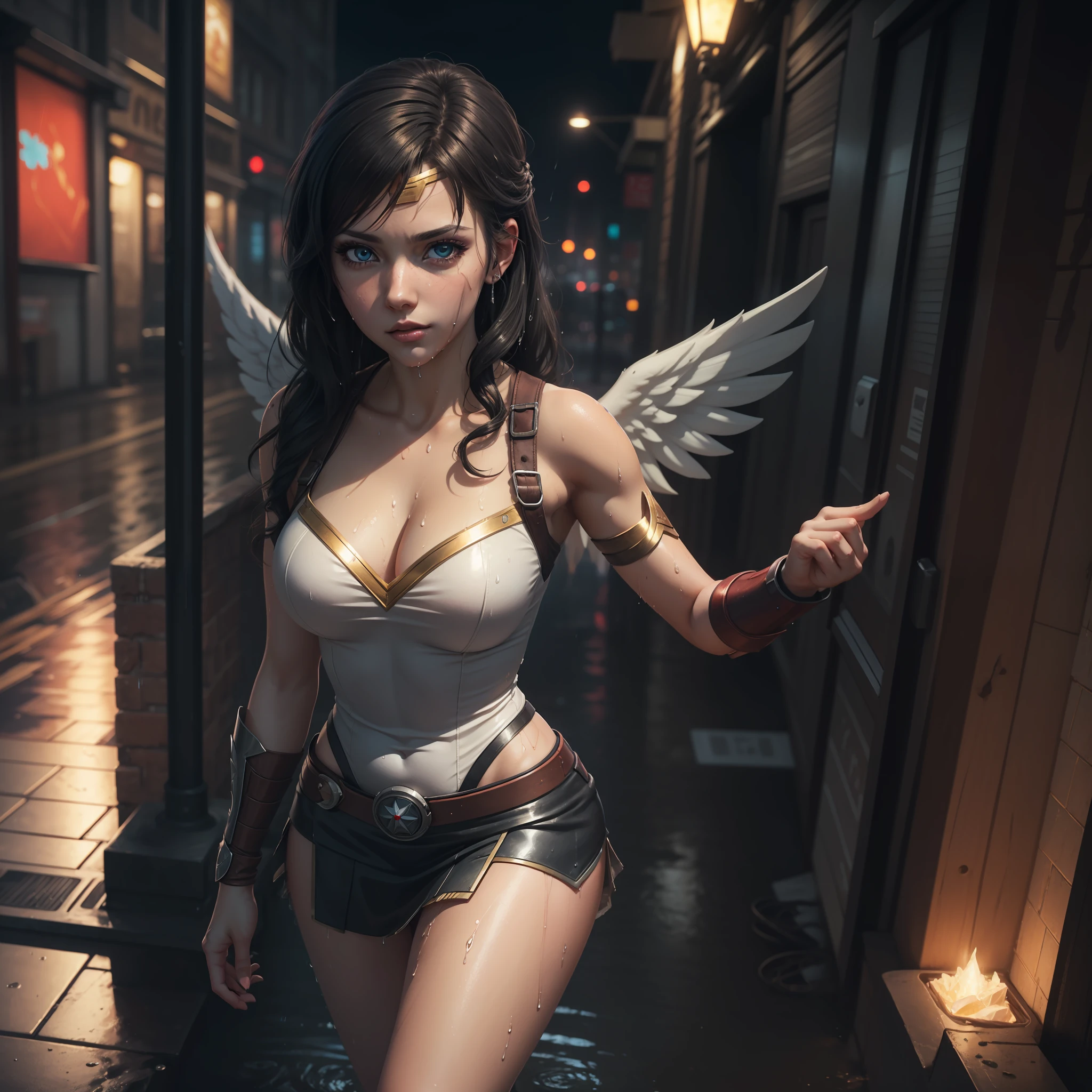 Photo-realistic,Realistic illustration in Manga style,((Masterpiece)),((Best quality)),((Ultra-detailed)),((1girl)),((solo)),((Waifu:1.5)),Perfect Anatomy,Cute_face,Waifu Renrize as Tifa Lockhart final fantasy 7 remake,in cosplay of Wonderwoman and ironman Mark-85,Angel golden Armor with crystal wings,wet clothes,Miniskirt,black socks,light-Red_eyes,wavy hair,eyeliner,cute Makeup,((Perfect detailed eyes)),cyberpunk city,rain outside,nighttime,((Extremely CG unity 8k wallpaper)),intricate details,extremely beautiful and aesthetic,Octane rendering,full body portrait,wet skin,((perfect detailed body)),