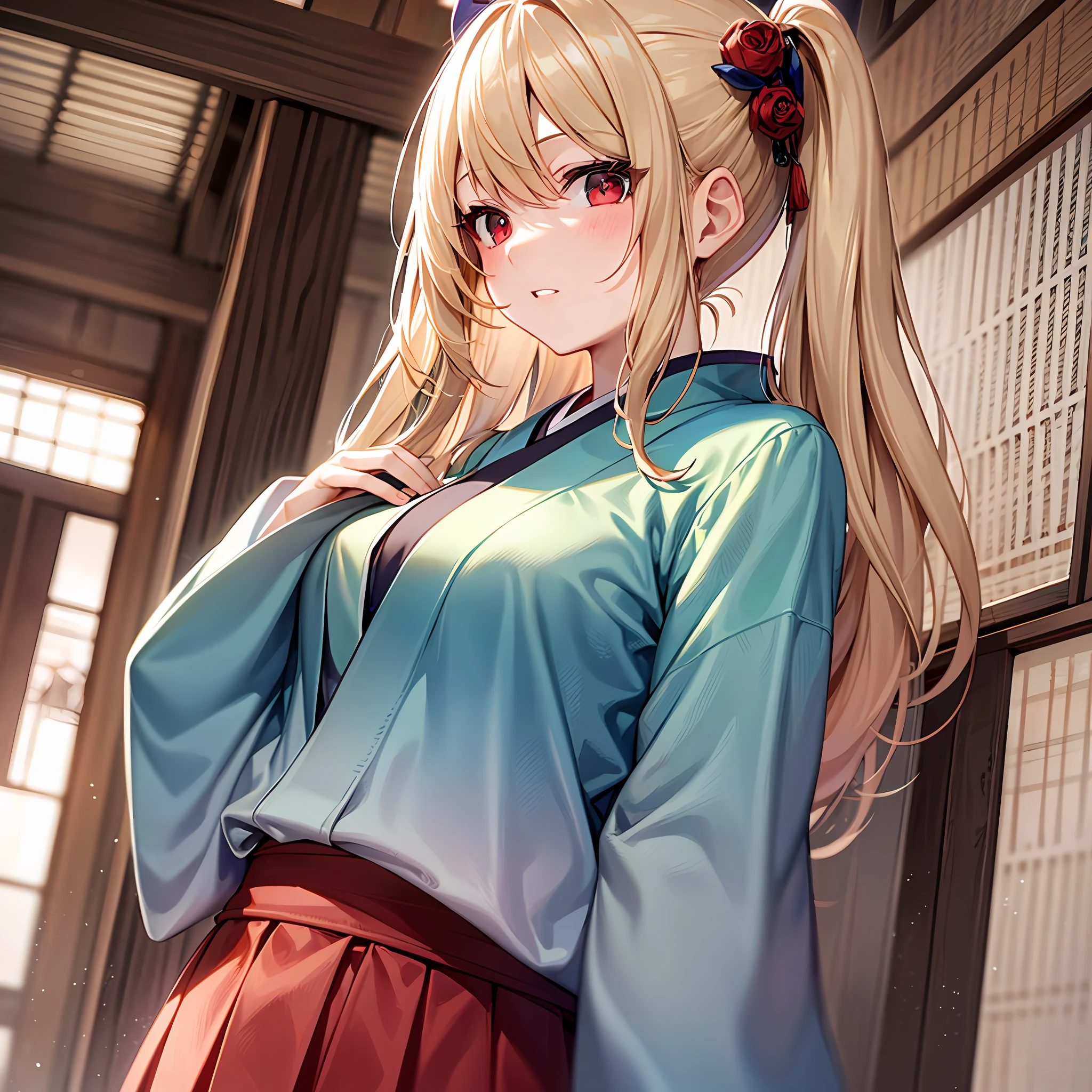 One blonde girl、red eyes、Kimono、a miniskirt