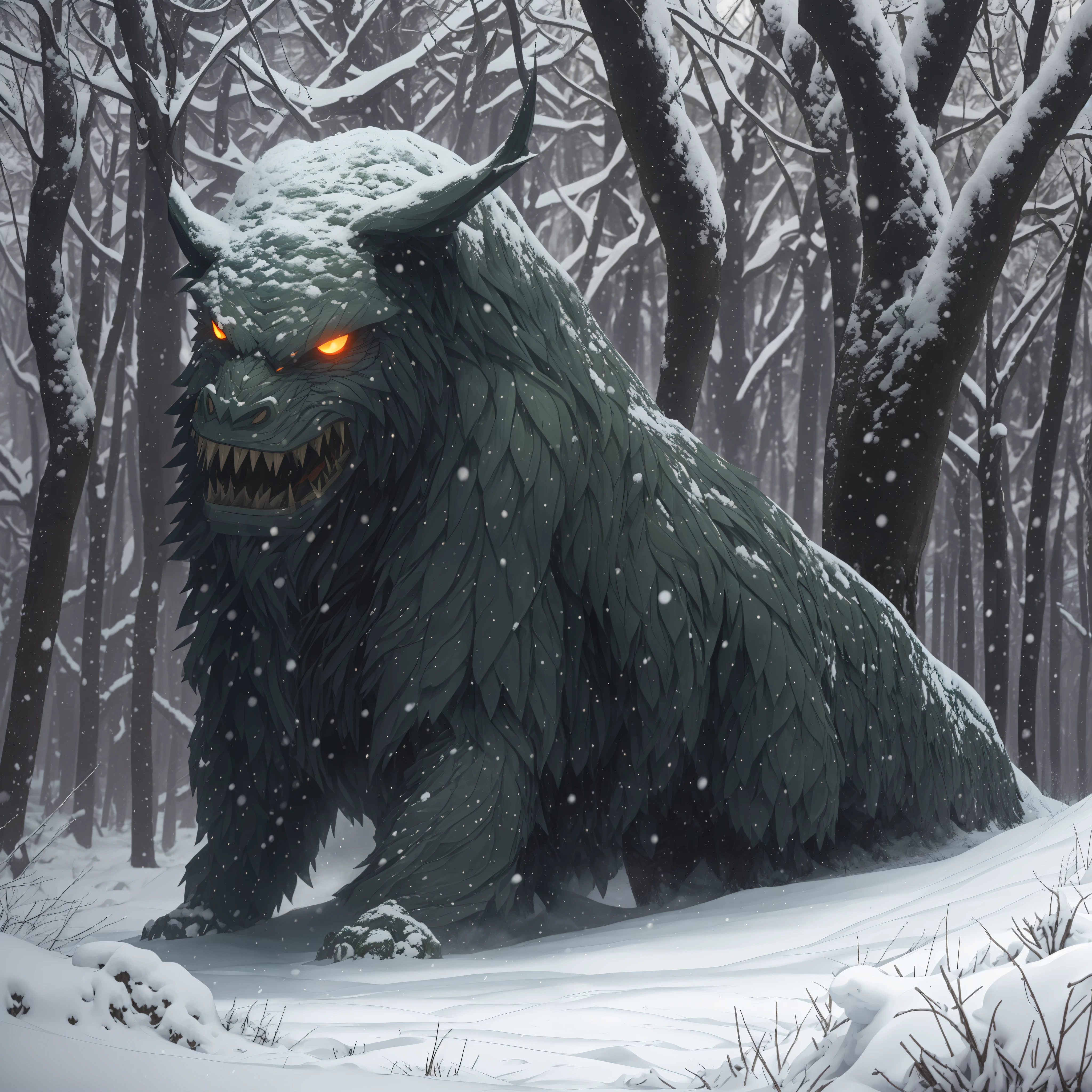 (masterpiece), beste-Qualit, Creating in a Dark Forest, The monster consists of vines and grass, Without eyes and mouth, snowdrifts and blizzard, heavy snowfall.