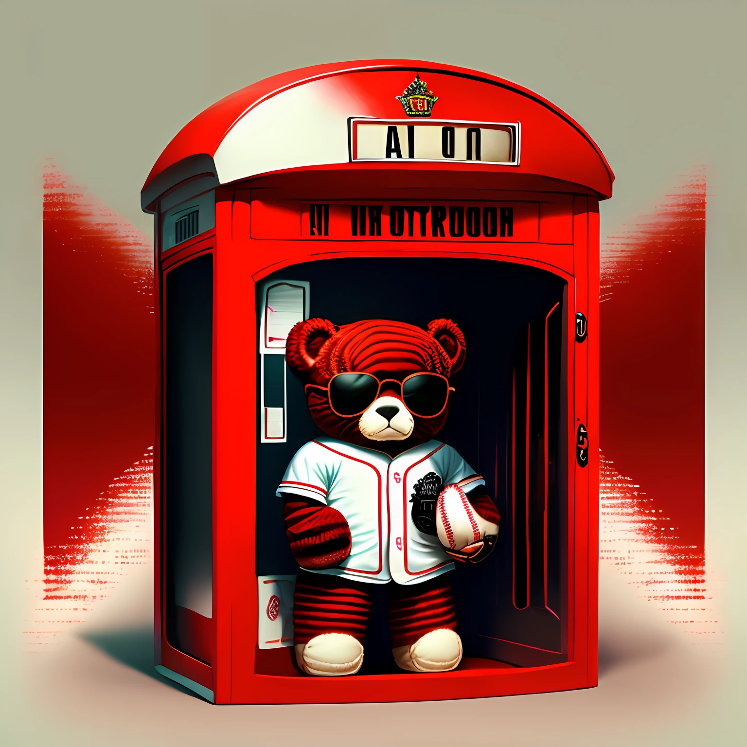 teddy bears, baseball outfits, wearing sunglasses, in red phone booth, white background --auto