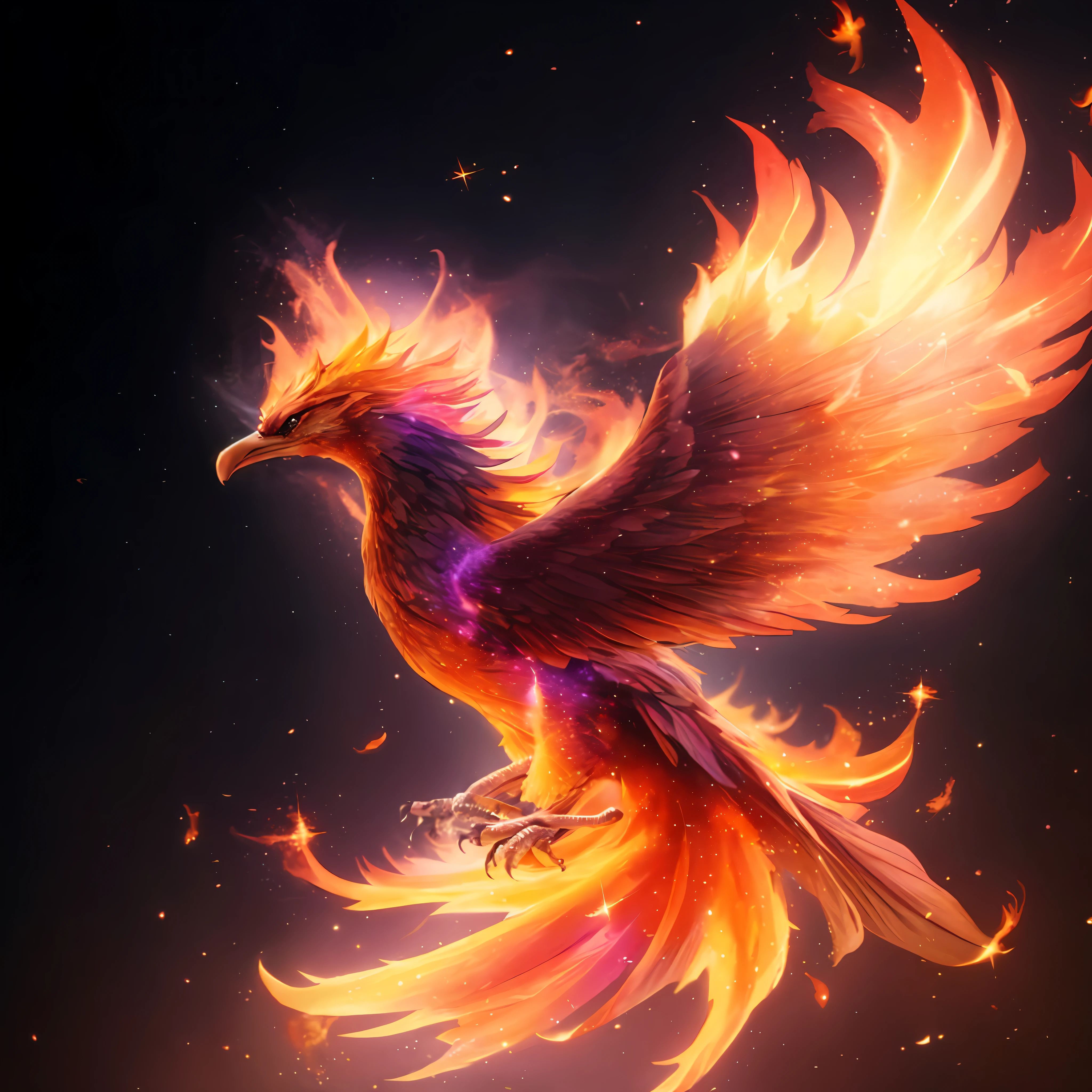 A closeup of a bird flying through the air with a bright orange and purple tail, phoenix in fire, artwork of a phoenix, Fiery bird, ''wallpaper of a phoenix, phoenix rising from the ashes, ''wallpaper of a phoenix resting, phoenix rising, Phoenix Dragon, phoenix-inspired, com asas douradas ardentes de chama, phoenix warrior, com asas douradas ardentes