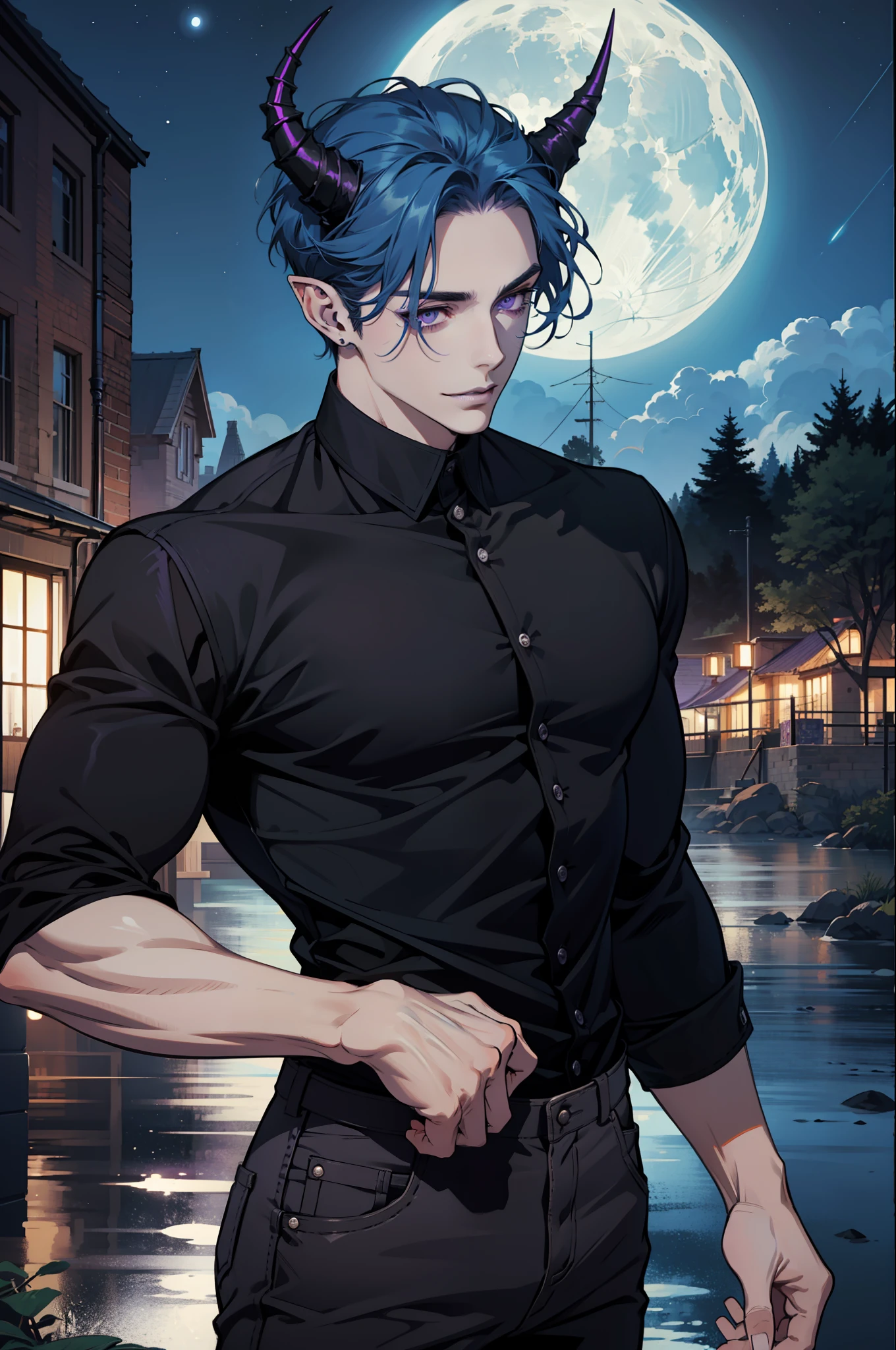 (absurdres, highres, ultra detailed), 1man, 30 years old man, adult man, handsome, tall, finely detailed eyes and detailed face, leather pants, (((black shirt))), night, smile, dutch angle, ((short hair, blue hair)), moon, silver details, gothic, incubus, prince, dark, simple clothes, looking at the view, pale skin, purple detailed eyes, (masculine), sexy, elegant, (((long bangs))), detailed hands, (((purple eyes))), bad boy, (muscles), smirk, ((((horns)))), shirt without buttons, defined muscles, braid, ((angular, masculine face)), elf ears, piercings in ears, lip piercing