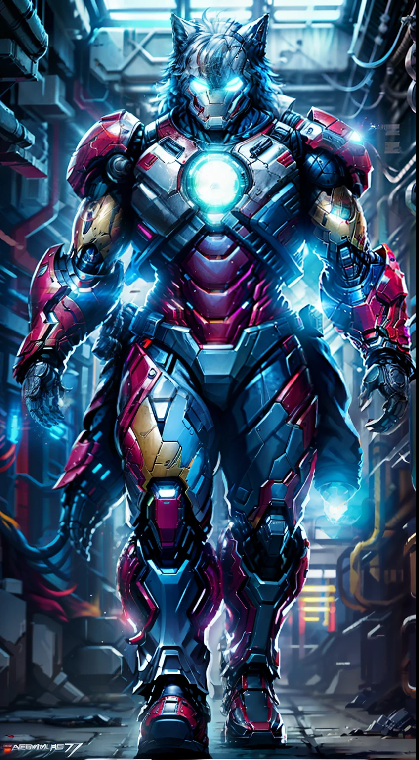 Iron Man armor wolf version 1872 Marvel photo, Biomechanicals, complex robot, crescimento completo, hiper-realista, pequenos detalhes insanos, linhas extremamente limpas, aesthetic cyberpunk, uma obra-prima apresentada no Zbrush Central, homem de ferro no estilo Lobisomem, orelhas mecanicas, focinho