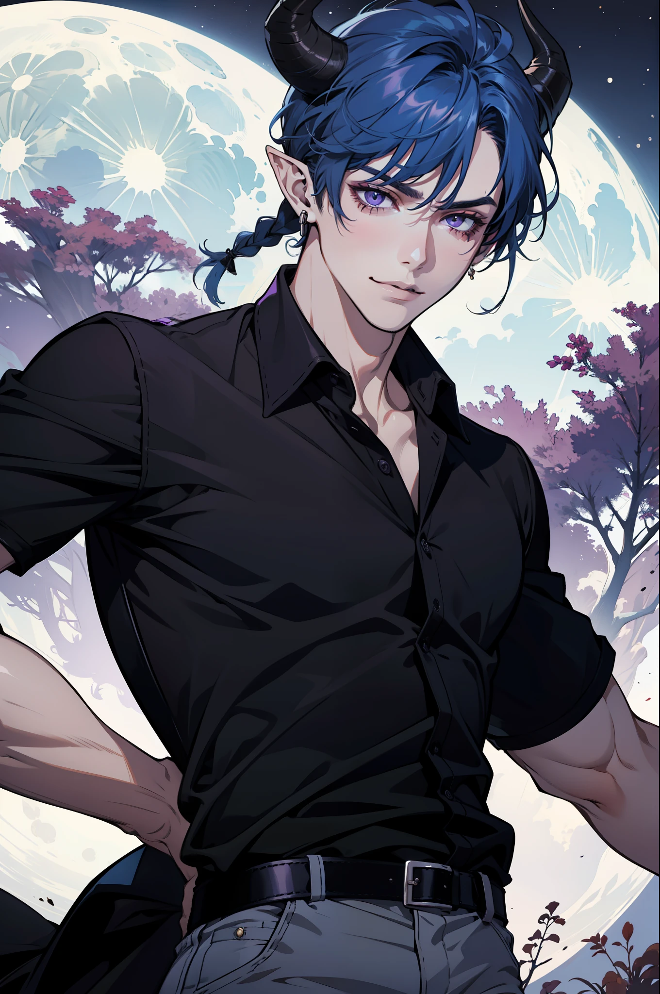 (absurdres, highres, ultra detailed), 1man, 30 years old man, adult man, handsome, tall, finely detailed eyes and detailed face, leather pants, (((black shirt))), night, smile, dutch angle, ((short hair, blue hair)), moon, silver details, gothic, incubus, prince, dark, simple clothes, looking at the view, pale skin, purple detailed eyes, (masculine), sexy, elegant, (((long bangs))), detailed hands, (((purple eyes))), bad boy, (muscles), smirk, ((((horns)))), shirt without buttons, defined muscles, braid, ((angular, masculine face)), elf ears, piercings in ears, lip piercing