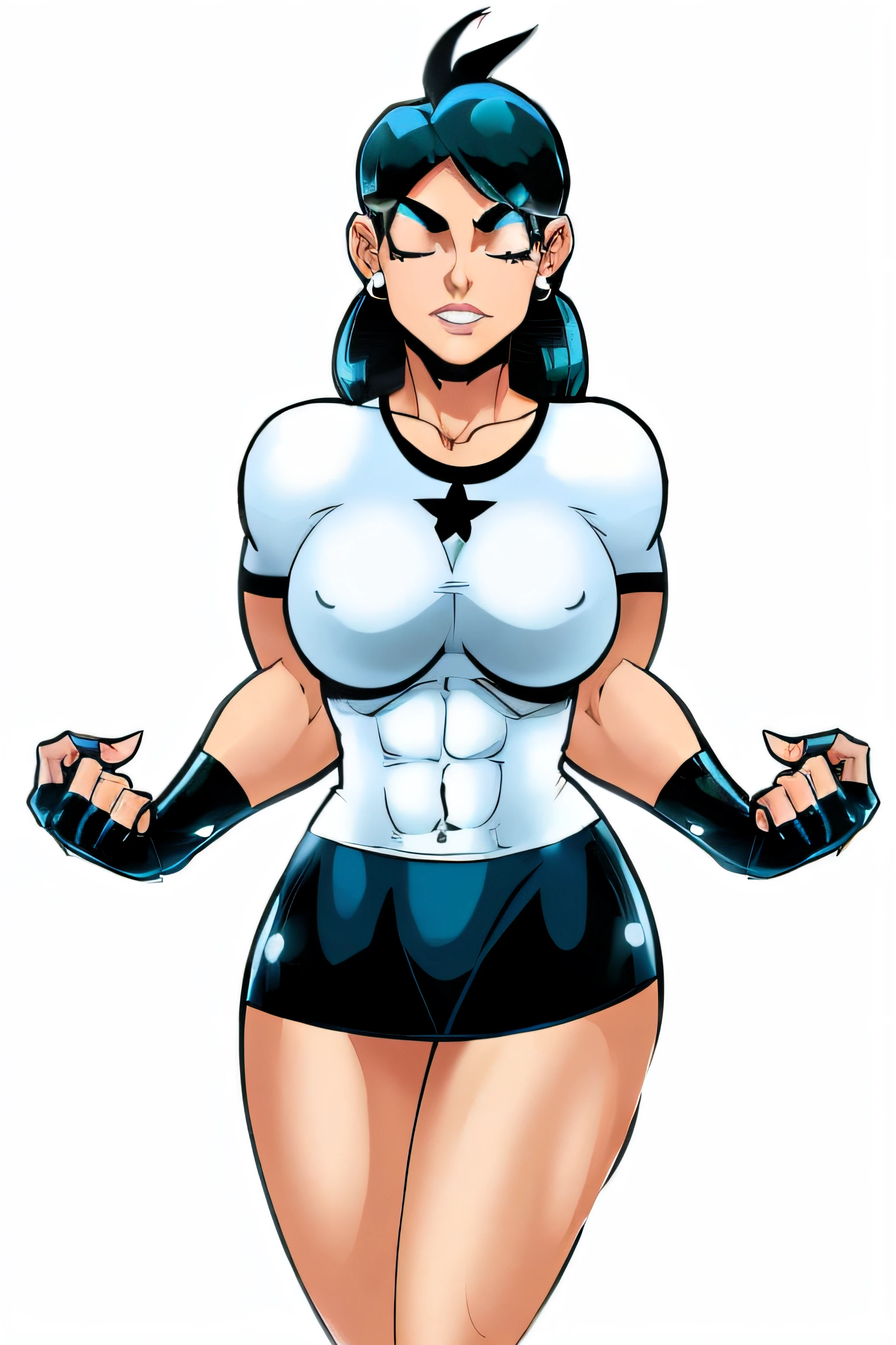 A cartoon of a woman with a big breast in a black and white outfit, muscular girl, bodybuilder superhero bikini, muscular! White, Superhero Body, Muscle Sweat, Power Girl, White Twin Tails_Gloves, Nerdy Black Girl Superhero, Anime Character; Full body art, tight clothing, dark leather skirt, eyes closed, mouth open, prostrate on the floor,