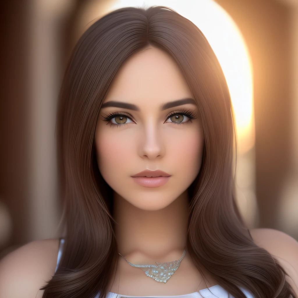 A close-up of a woman with long brown hair and a necklace, cinematic realistic portrait, Hermoso rostro fotorrealista, Cara hermosa realista, Personaje 3D realista, Retrato suave disparado 8K, Estilo de arte fotorrealista, Hermosa cara realista, Artgerm ; Motor 3D Unreal, realistic artistic style, Anime 3D realista, Arte digital realista 4K