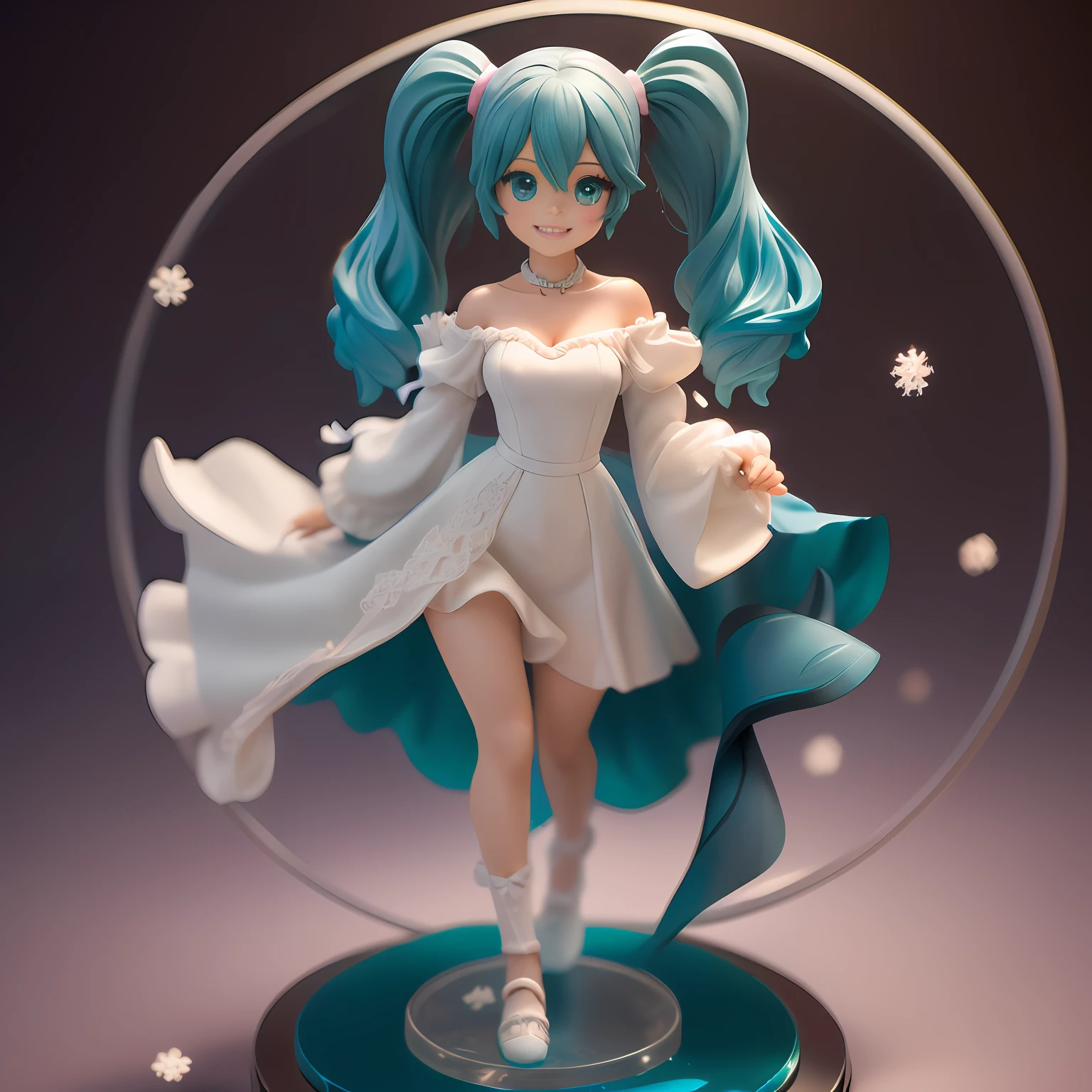 Detailed plastic anime figurine with vibrant teal pigtails and doll-like features.