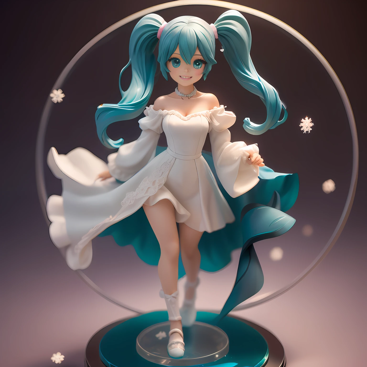 Detailed plastic anime figurine with vibrant teal pigtails and doll-like features.