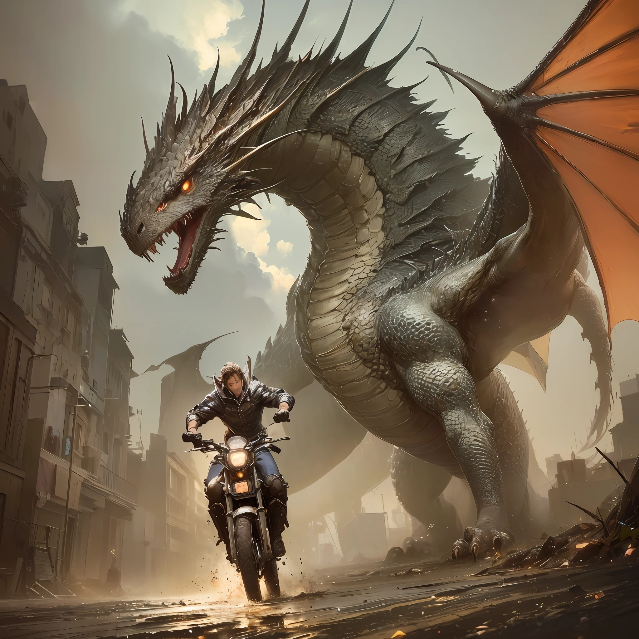 modelshoot style, (extremely detailed CG unity 8k wallpaper), (picture of a man riding a bicycle in front of a dragon, Dragon Rider, dragon in the background, Dragon Battle, Jormungandr, riding a dragon, style of epic fantasy art, dragon with rider, Game of Throne artwork, dragon flying in background, awesome splash screen art, 3d digital fantasy artwork, majestic professional oil painting by Ed Blinkey, Atey Ghailan, Studio Ghibli by Jeremy Mann, Greg Manchess, Antonio Moro, trending on ArtStation, trending on CGSociety, Intricate, High Detail, Sharp Focus, Dramatic Photorealistic Painting art by midjourney and greg rutkowski  x3.4 (Photorealism) Official Release -- --auto --s2