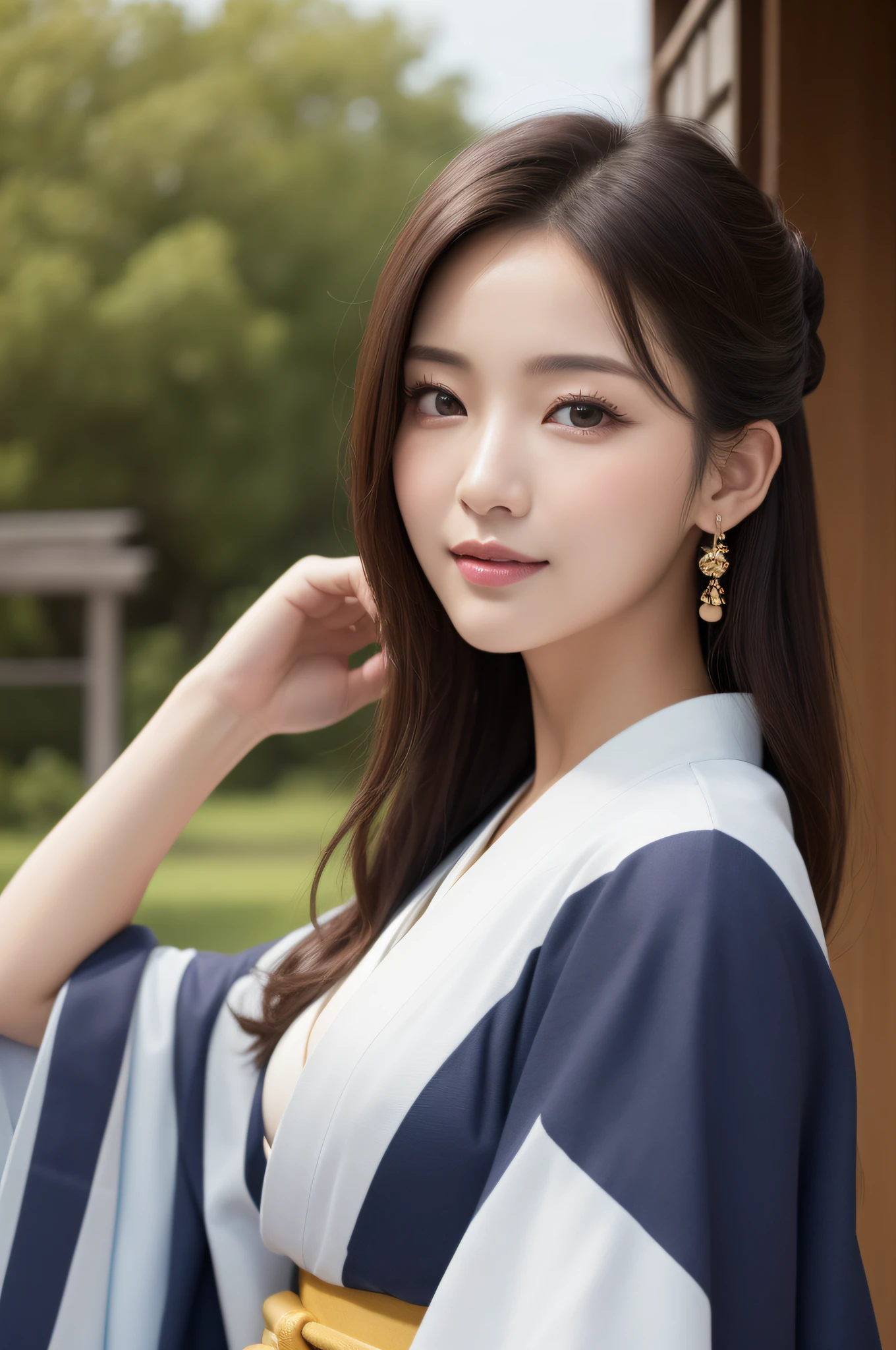 ((top-quality、8K、a masterpiece of:1.3))、foco nítido:1.2、(ultra beautiful faces:1.0)、(Slender Abs Beauty:1.0)、(shinny skin:1.0)、photos realistic、A dark-haired、Video Lighting、High-definition eyes and face、Video Lighting、(cowboy shot:1.3)、(Kimono、Hakama、Obi:1.4)、(Korean Cute Actress)、Traditional kimono、from the front side、medium large breasts、A slight smile