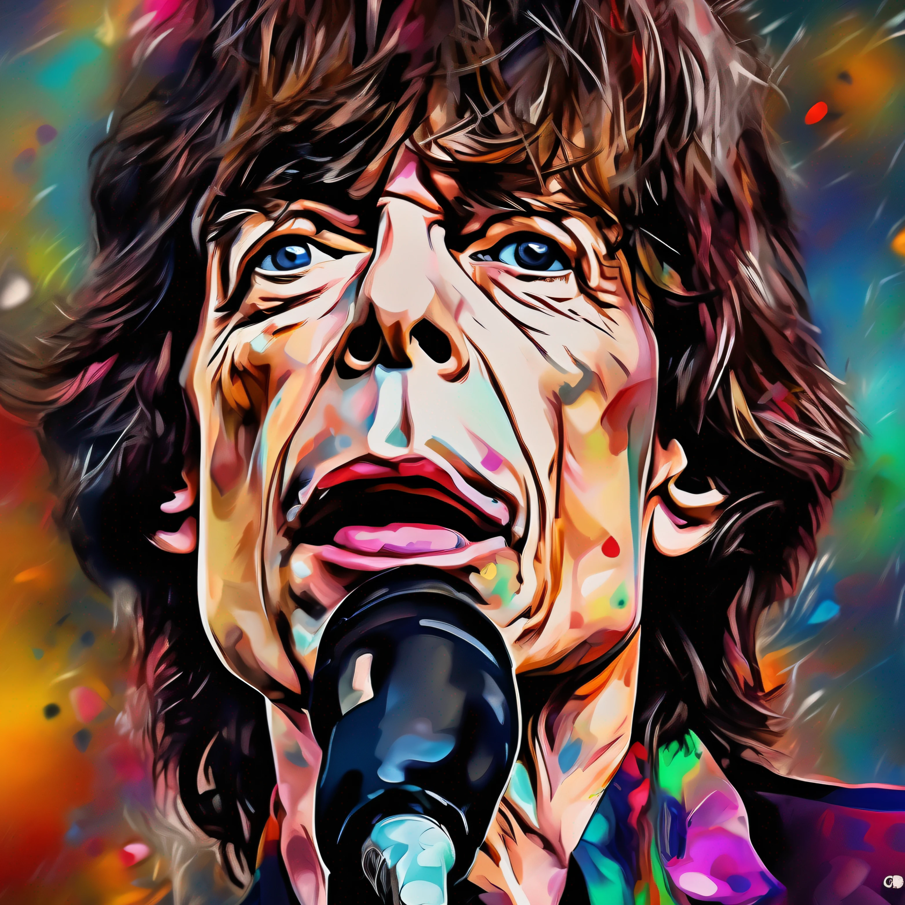 MICK JAGGER ,fundo abstrato: 0,5], rosto e olhos extremamente detalhados, pose explosiva, expressionismo, arte digital, fundo colorido, absurdo, altamente detalhado, (pinceladas: 1,1), (acrylic paint: 1,1 ), pontilhismo, cores suaves, de satoshi kon, de alphonse mucha, de raphael