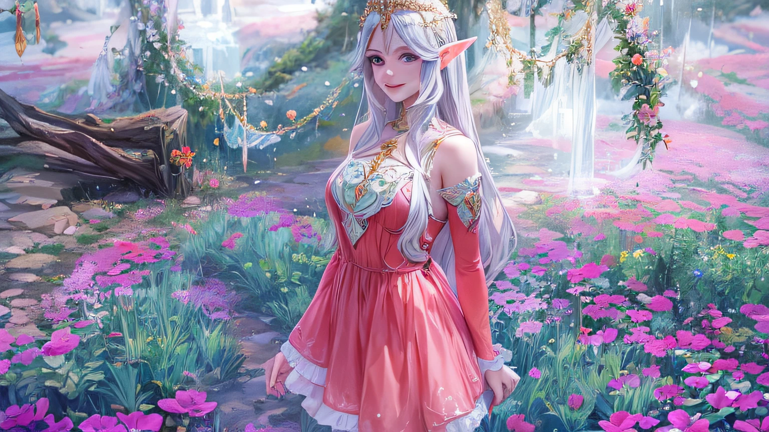 There is a woman in a red dress standing in a field, sorrindo como uma rainha de fadas, traje de fantasia, Princesa elfa, Cavaleiro elfo sedutor da princesa, Elven Princess, beautiful elven princess, na floresta cor-de-rosa, olhar de fada, princesa fada, Fada, Aion, Rainha das Fadas, Rainha Fada, (((louco))) Princesa elfa, Olhos azuis, cabelo longo loiro, Cabelo angelical, rosto angelical,