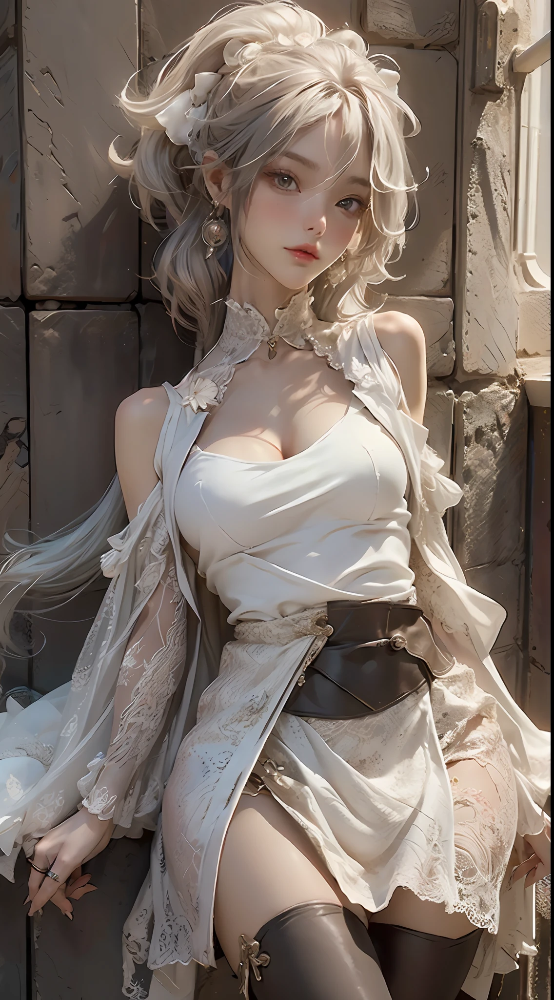 rainbow at behind, dress as a knight, little bit of cloud, fashion model posing, fashion model posing nest to castle wall, silver color metal made Top, white ultra short skirt, shoulder with metal panel for protection, leather boot, head and full body, Extremely cute human girl, bare legs, very beautiful and feminine, short, petite, beautiful breast, small, busty buttocks, large bust, large breast, bare legs, bare legs, cleavage display, split skirt, flat belly display, detailed eyes, detailed nose, super detailed on face, partial accessory with earring on the ear, very stylish, award-winning product design, tights, split skirt, bare legs, Shiny breast top opens at the cleavage and abdomen, stylish, glowing trims, atmospheric perspective, 8k, super detail, Accurate, best quality,