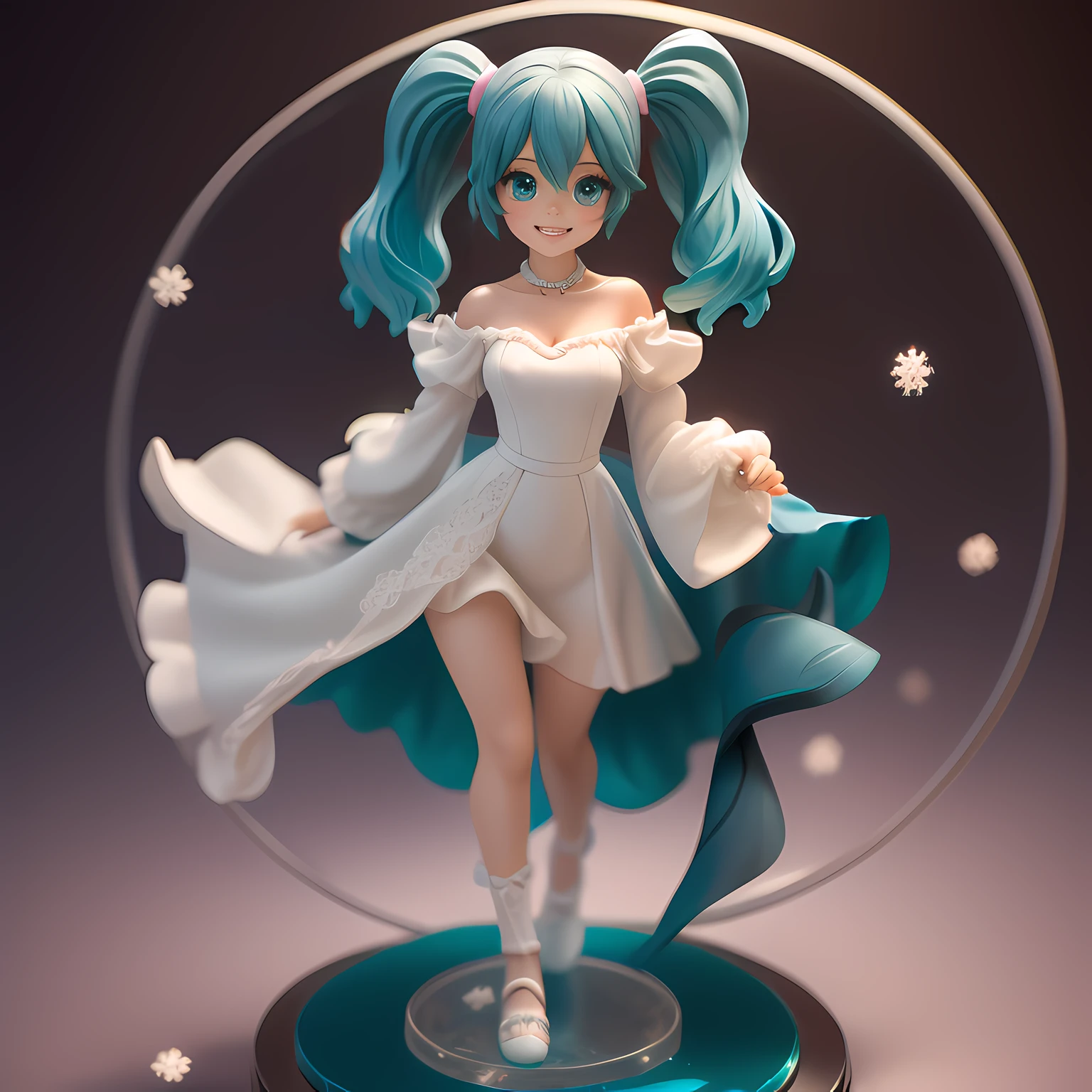 Detailed plastic anime figurine with vibrant teal pigtails and doll-like features.