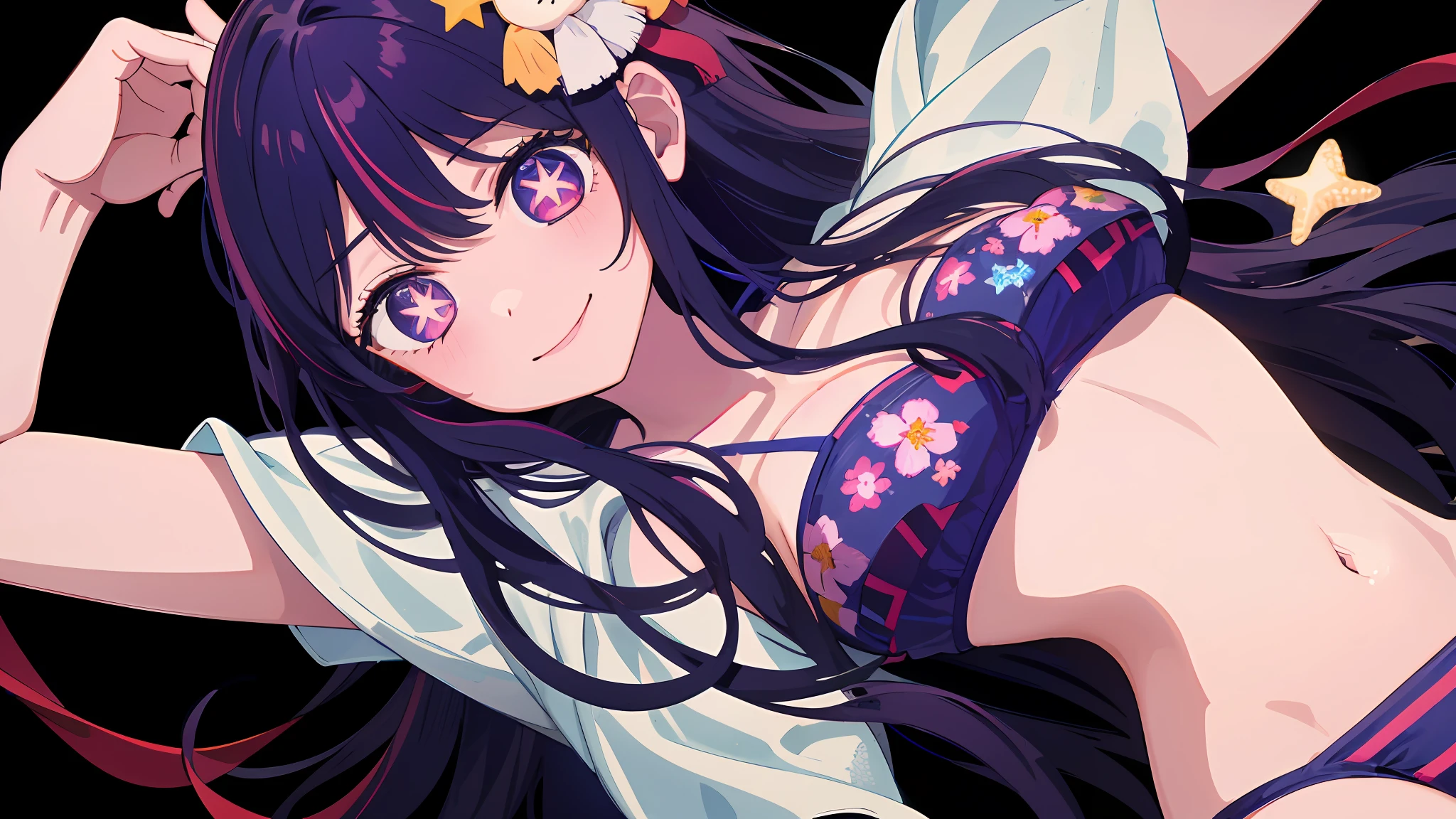 (masutepiece, Best Quality), ((1girl in, (Mature), Hoshino Ai, ), (Dark purple hair, Long hair, striated hair, Beautiful hair, Hair Ornament), (Purple eyes, star-shaped pupils, +_+, Symbol-shaped_Pupils, glinting_Eyes, Beautiful eyes, Eye Highlights, Sharp eyes), (Looking at the viewer, Smile, Floral Bikini)), (simplier background, Dark background, the beach), (Abstract Art, hight resolution, chromatic abberation), (),