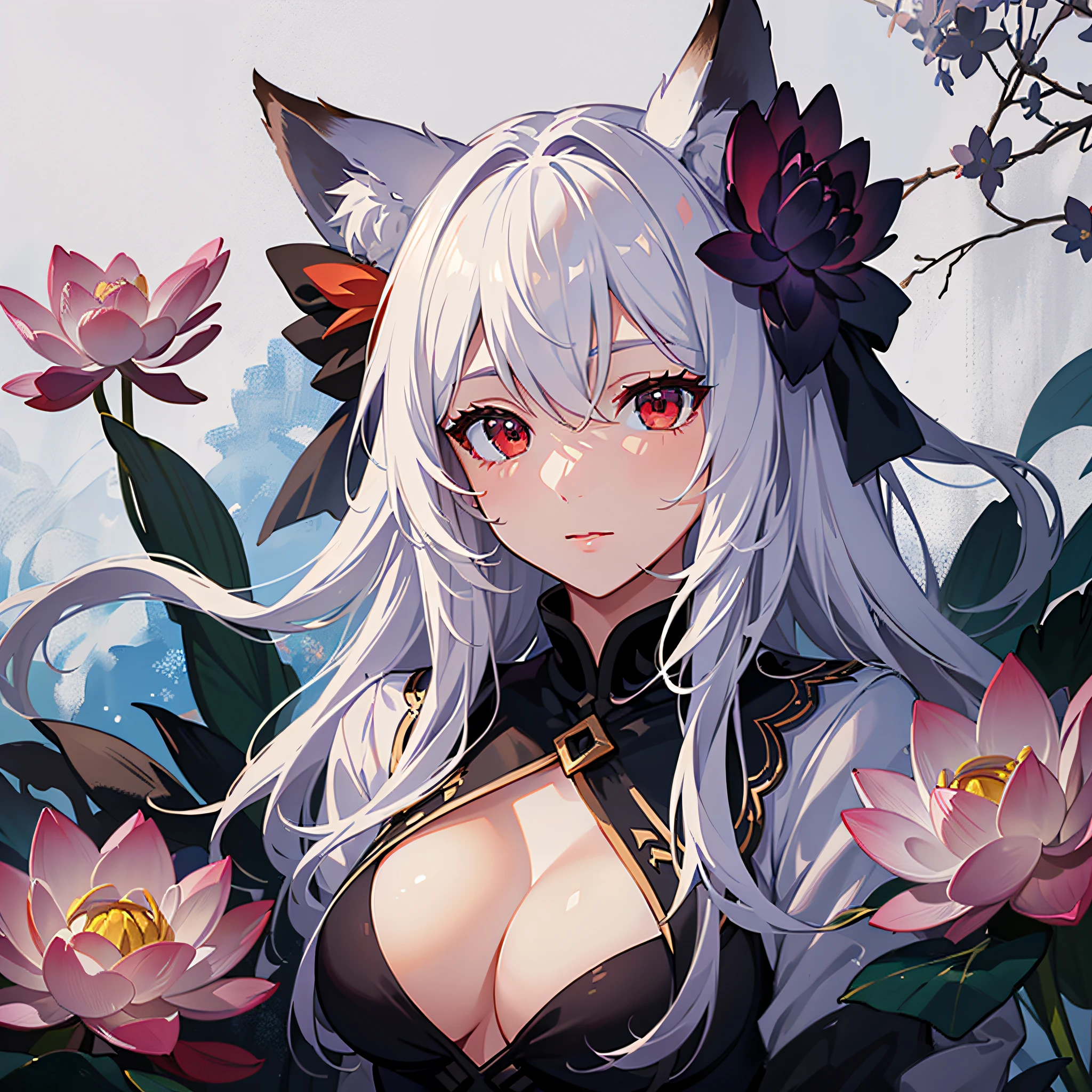 (Best image quality,The details are extraordinary),(1个Giant Breast Girl),(white color hair,Dark red eyes),(Holding a lotus flower,Wear a fox mask),(The sides are illuminated by light,Particle light drifts),(The right wall has a pattern,High quality snow background).