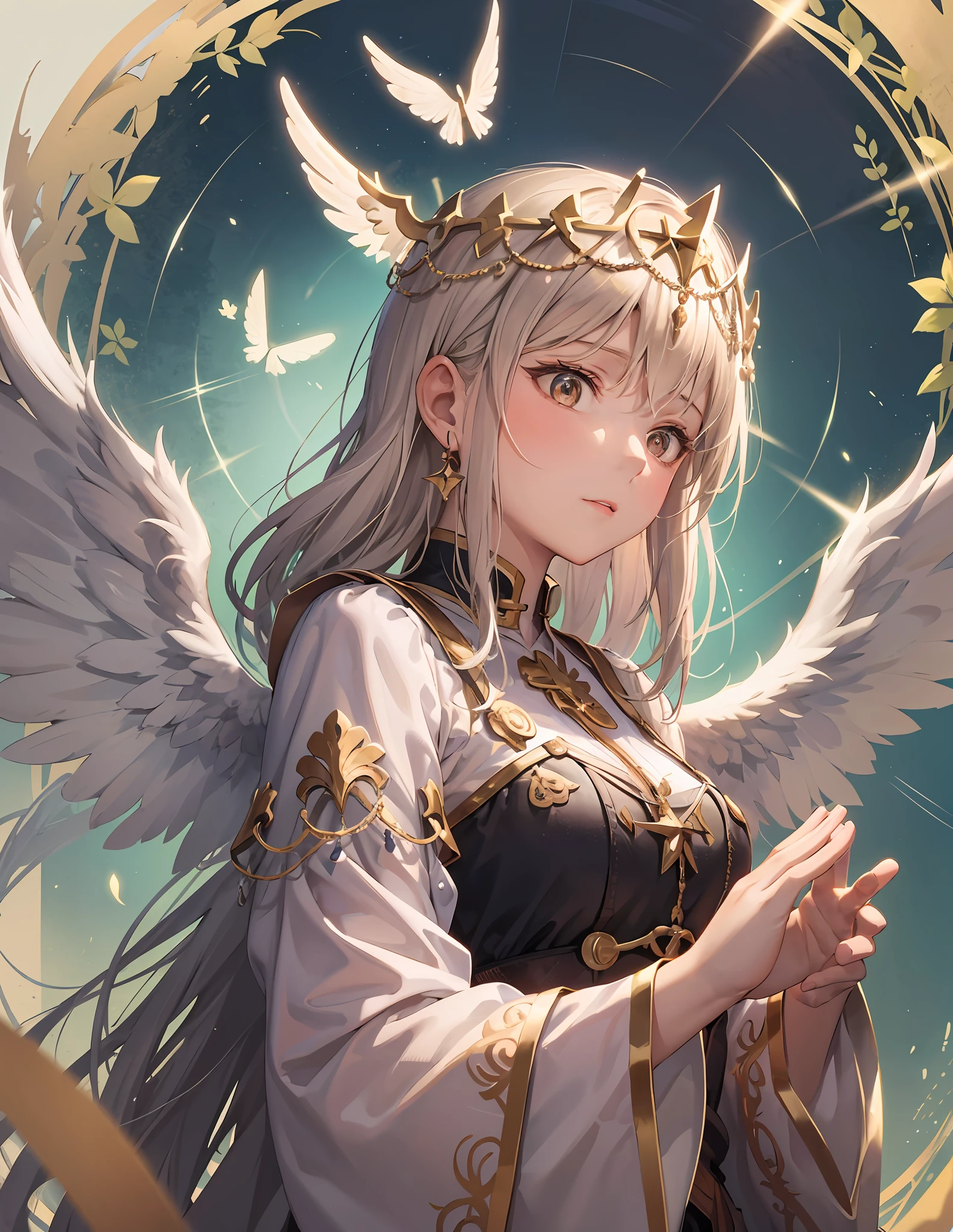 1a person, femele, Saint a girl, angelicales, madonna, Spread your hands a little, frontage:4.1, Fantasy background, put down hands, Beautie, very large white wings, Fantasy Background, high-level image quality, high-detail, white longhair, large angelic wings, Circle of Angels,