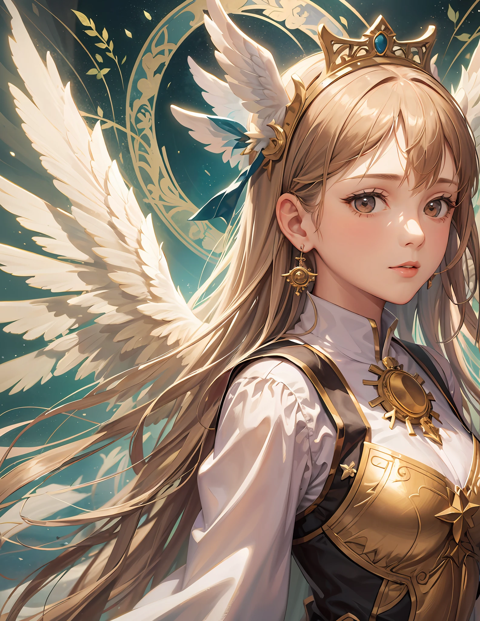 1a person, femele, Saint a girl, angelicales, madonna, Spread your hands a little, frontage:2.1, Fantasy Background, put down hands, Beautie, Large white wings, Background to fantasy, high-level image quality, high-detail,