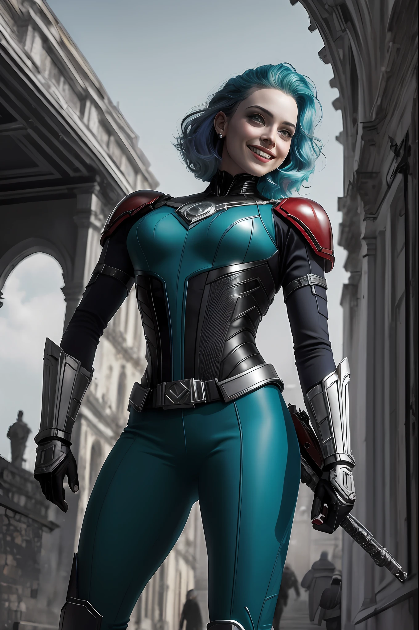 (16k, foto RAW, melhor qualidade, obra-prima: 1.2), ultra-detalhado, arte formal,(Mulher Africana) foto realismo: 1.37, foto de meio corpo ,(NewHarley quinn), (mulher, beleza ,( cabelo colorido,enrolado) ,lugar de batalha,sorridente film grain, villain action pose,)detalhes