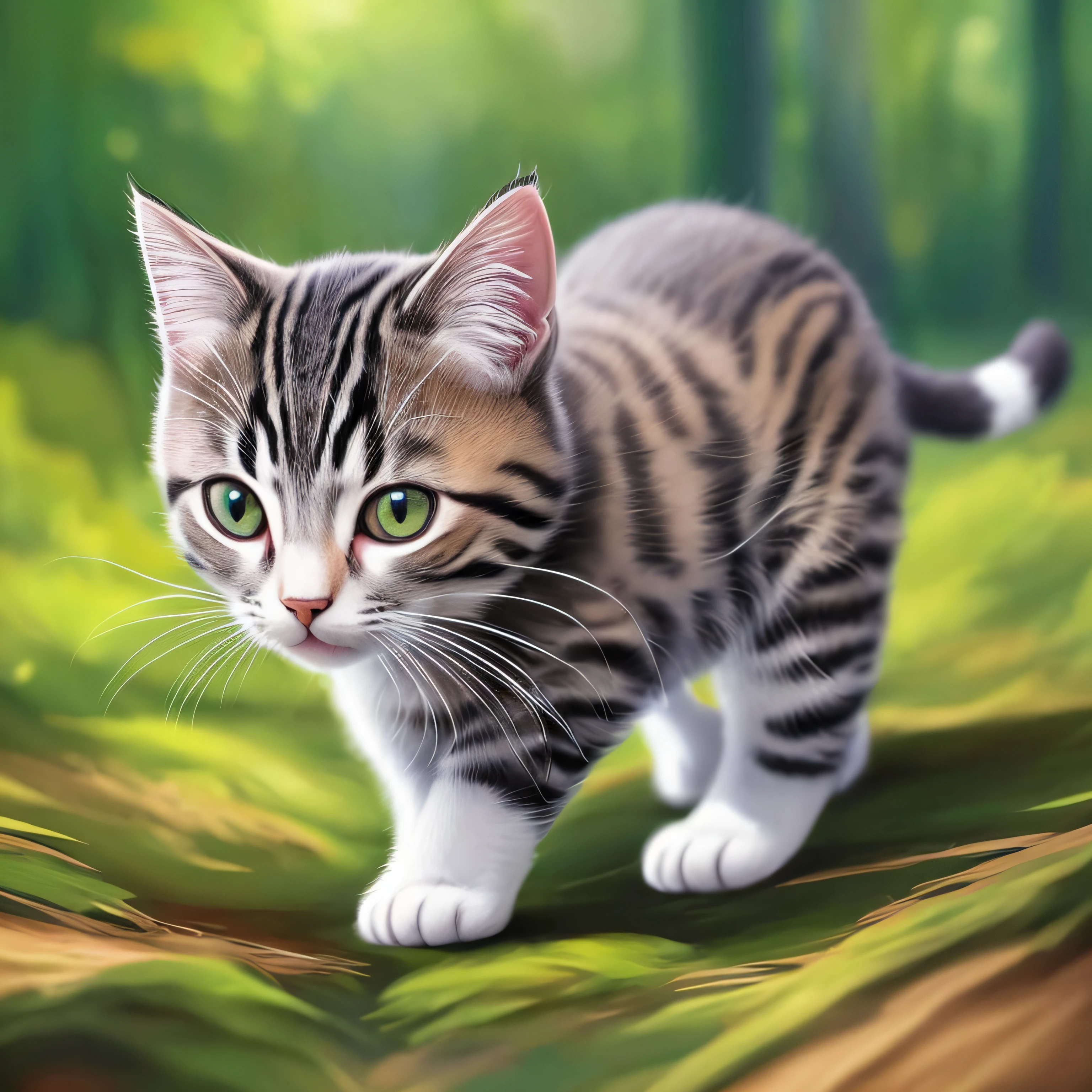 There is a kitten walking in the forest, painting digital adorable, Pintura digital altamente detalhada, arte digital detalhada bonito, Pintura digital altamente detalhada, Pintura digital muito detalhada, Pintura digital detalhada, ultra realistic 3d illustration, ultra realistic illustration, realistic illustration, Gato Anime Realista, Gato. Pintura digital, imagem ultra realista, ultrarealistic illustration --auto
