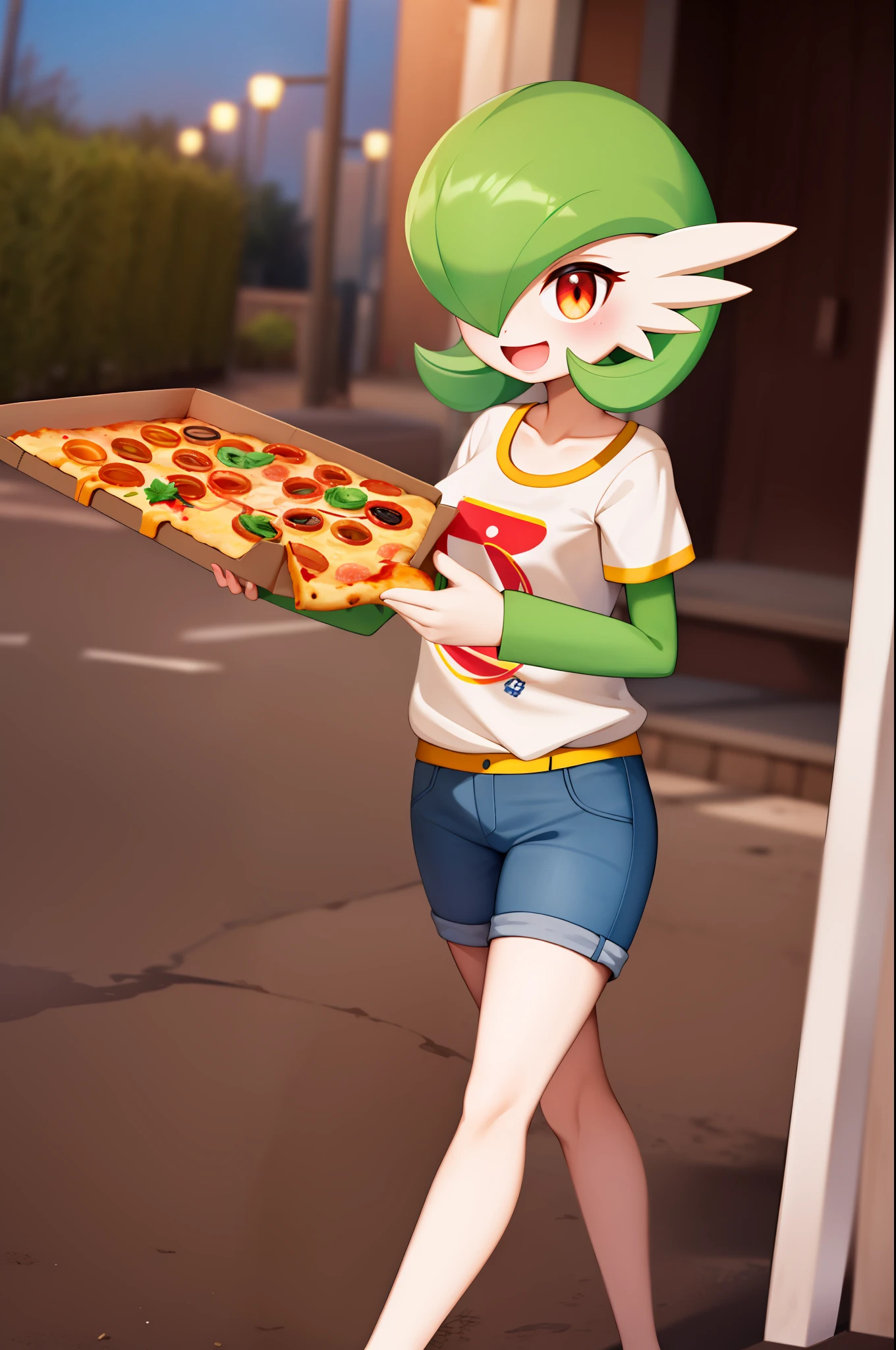 obra maestra, best_quality, 1girl, solo, gardevoir, pokemon \(criatura\), cabello verde, ojos rojos, en una ciudad, de noche, sonrisa, usando shorts, camisa roja, uniforme de pizzeria, lleva una caja de pizza en la mano, caja para pizzas, uniforme ajustado, senos femeninos, senos medianos, detras de ella hay una moto, moto vezzpa.