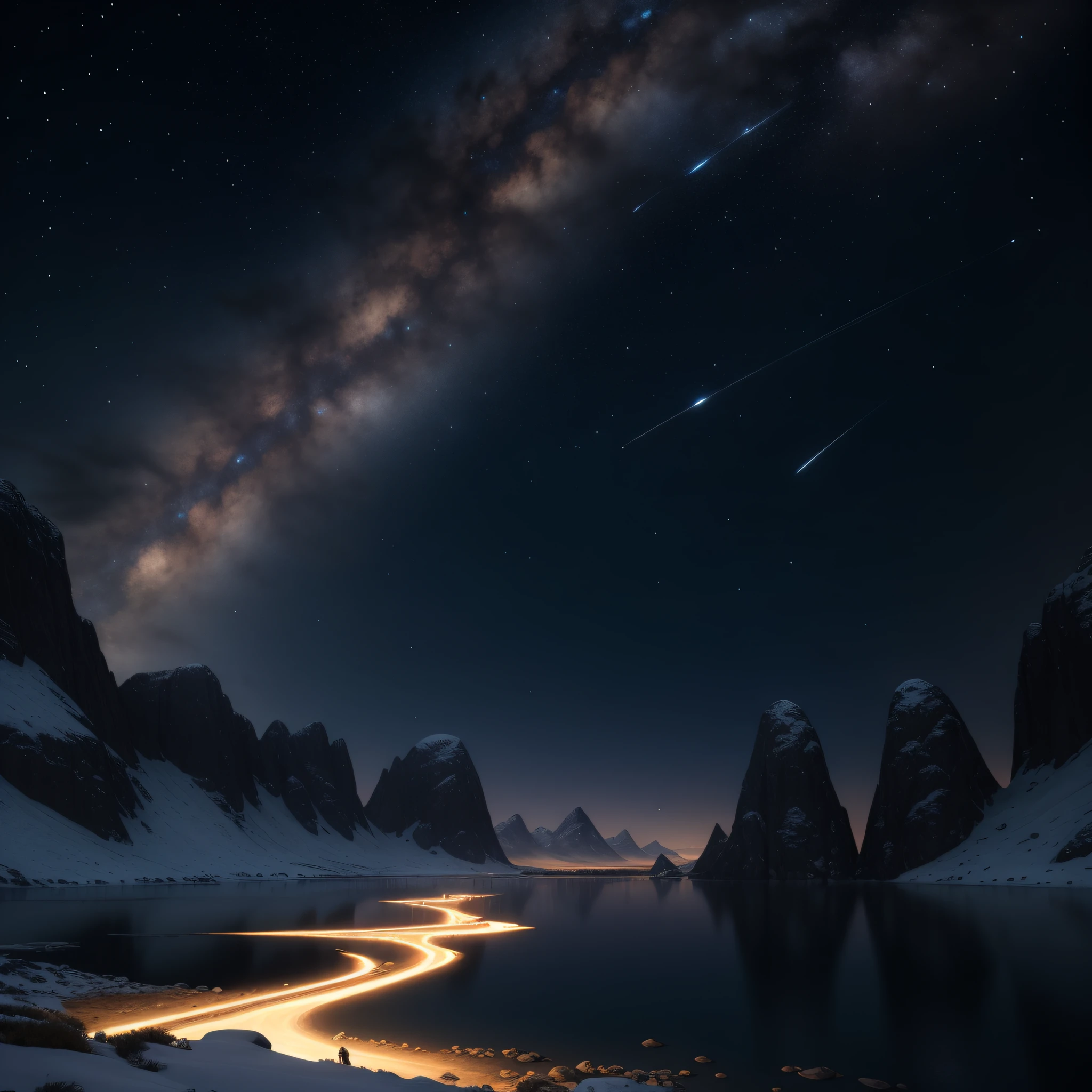 starry night sky over a mountain lake with a stream of water, milky way environment, max rive, alien breathtaking landscape, starry sky 8 k, magnificent background, galactic landscape, an amazing landscape image, impressive fantasy landscape, 4k highly detailed digital art, night sky; 8k, nighttime nature landscape, scenic view at night, inspired by jessica rossier