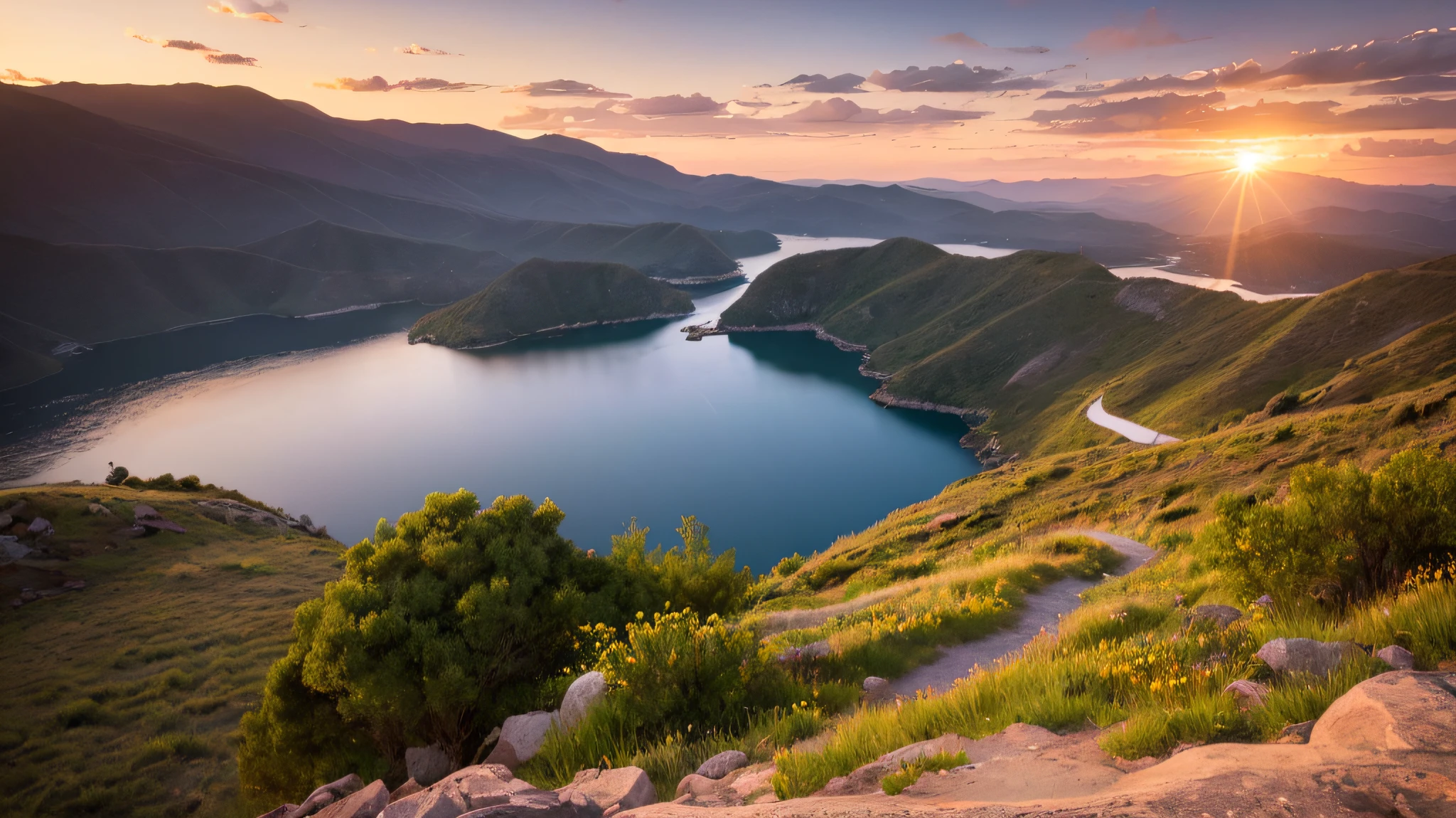 The world's most beautiful landscape, intricate ultra-set at sunset, landscape, water, birds flying (extremely detailed CG unit 8k wallpaper), high detail, sharp focus, photorealistic, canon 35mm, realistic photography