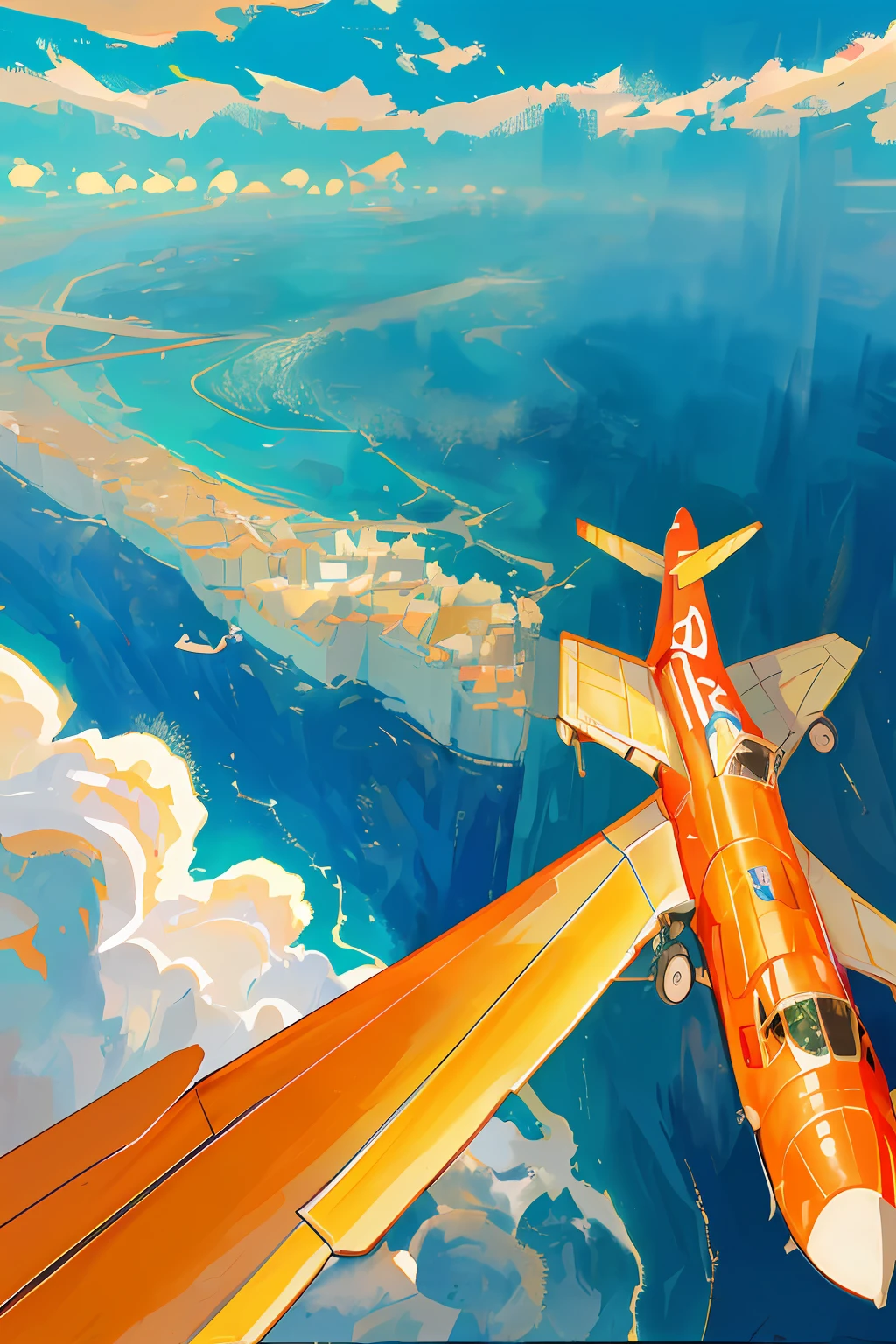 A red plane with a top-down view flew over the sea