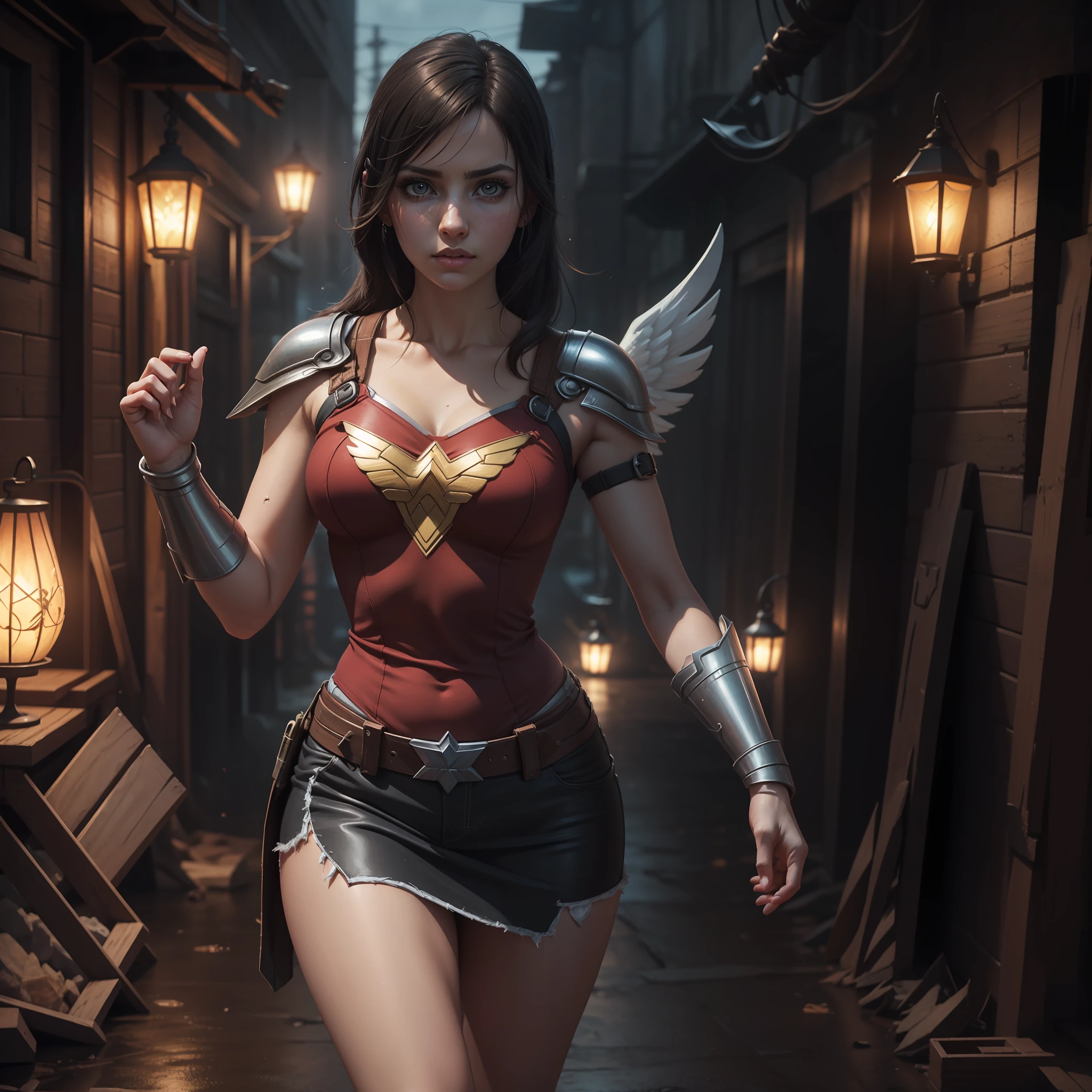 fotorrealista,Realistic illustration in Manga style,((Obra maestra)),((La mejor calidad)),((Ultra detallado)),((1girl)),((solamente)),((waifu:1.5)),Perfect anatomy,Lindo_cara,waifu Ana de armas como Tifa Lockhart Final Fantasy 7 remake,en cosplay de Wonderwoman y ironman Mark-85,Golden angel armor with crystal wings,ropa mojada,minifalda,Calcetines negros,rojo-claro_ojos,cabello ondulado,delineador,Maquillaje lindo,((Ojos detallados perfectos)),Ciudad Cyberpunk,lluvia afuera,noche,((Extremadamente CG Unidad 8K Fondo de pantalla)),Detalles intrincados,Extremely beautiful and aesthetic,Renderizado de octanaje,Retrato de cuerpo entero,damp skin,((Cuerpo detallado perfecto)),