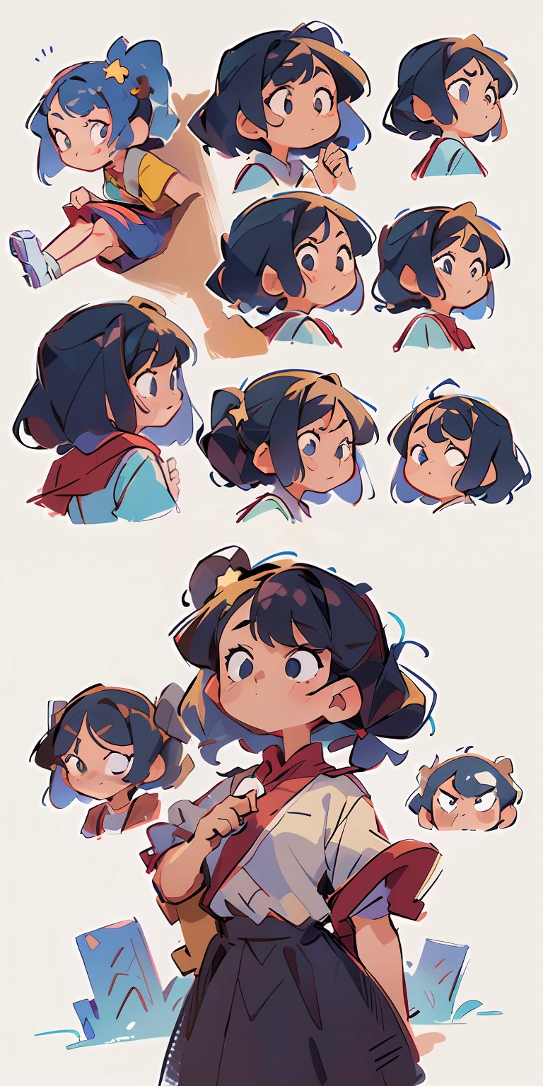 (obra-prima, melhor qualidade), 1 menina bonito，9 grades，9 poses and expressions，Estilo Disney，black strokes，different emotions，8k