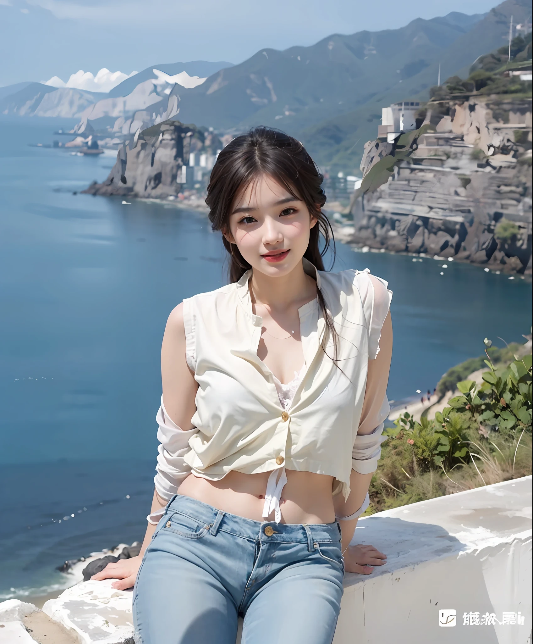 Best quality,Masterpiece,超高分辨率,(Photorealistic:1.4),(1girll:1.3),exteriors,1 girl,full bodyesbian,ssmile,Gentility,Long hair,Open chest,schoolgirls,full bodyesbian,Open chest,vests, Silk vest, denim short, On the beach, Sunset