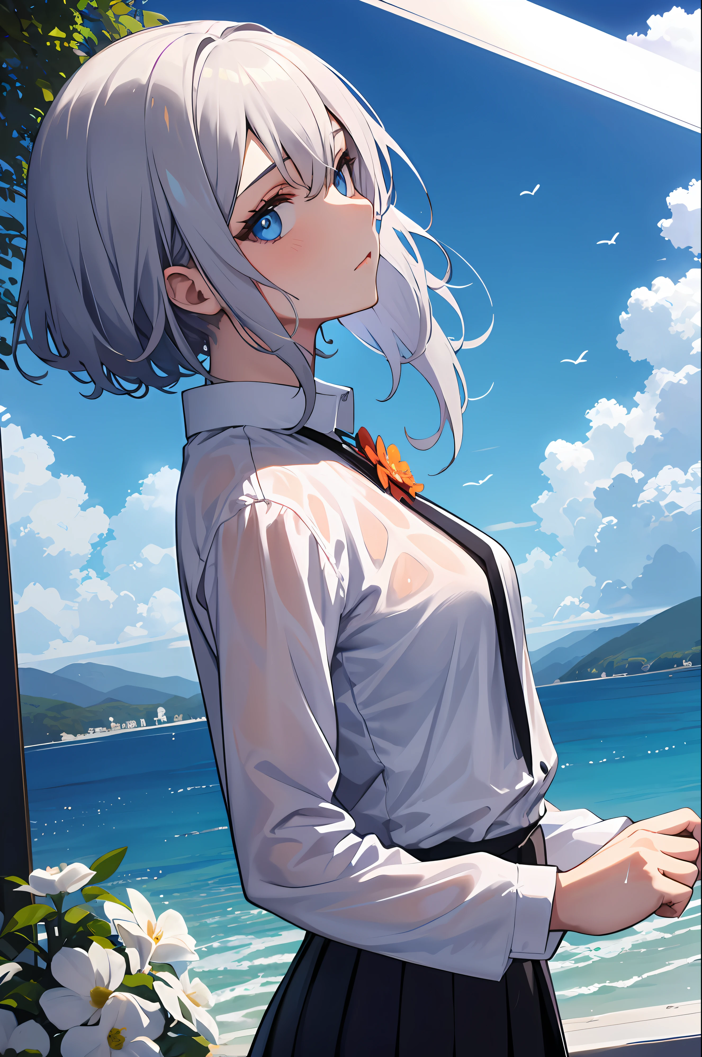 1girll， From the side Side， silber hair， long whitr hair， eBlue eyes， Sateen， looking at viewert， （The chest inside the wet shirt looms）， 校服， white  shirt， exteriors， fresh flowers， mostly cloudy sky，