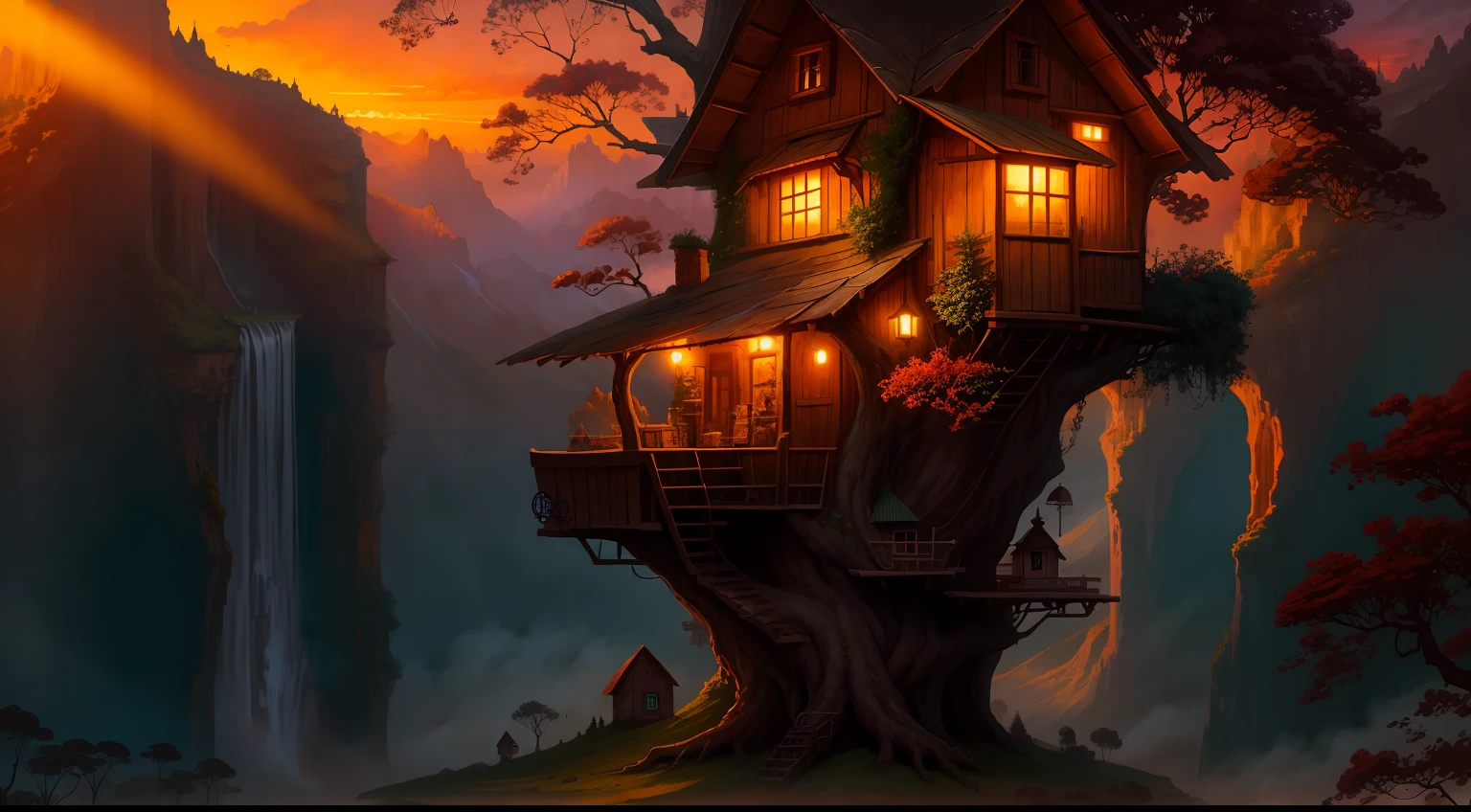 valley, fairytale treehouse village covered, , matte painting, highly detailed, dynamic lighting, cinematic, realism, realistic, photo real, sunset, detailed, high contrast, denoised, centered, michael whelan