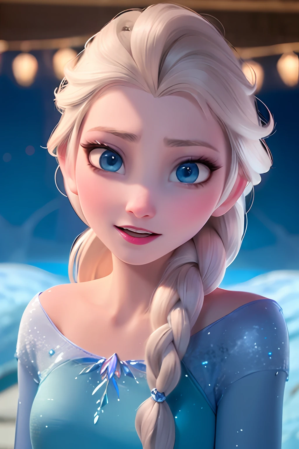 Elsa de Arendelle, vestido azul hielo, single braid ,single braid,(mirando al espectador:1.2),(retrato:1.2),They are smiling,1girl,solamente,Enfoque en solitario, Estilo disney, animacion disney, pelicula disney, cantar, canto, cantando