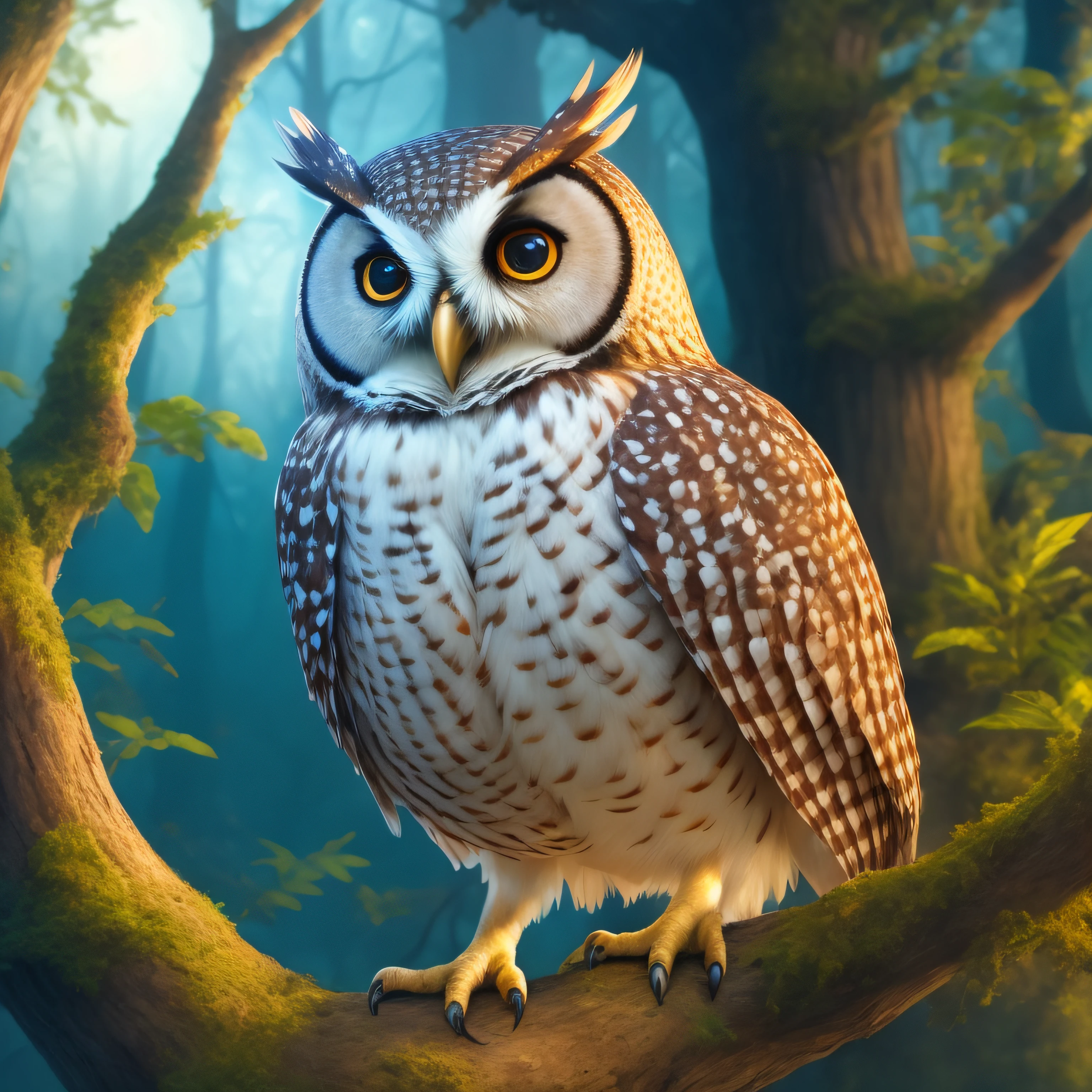 Uma coruja sentadas em um galho na floresta, Corujas incandescentes, Corujas, coruja incandescente, arte digital altamente detalhada, pintura digital altamente detalhada, Highly detailed illustration, realistic fantasy illustration, Arte digital altamente detalhada em 4k, arte digital altamente detalhada, the wisest of all owls, 3 d cg |, CG 3D, coruja branca brilhante, bela arte digital