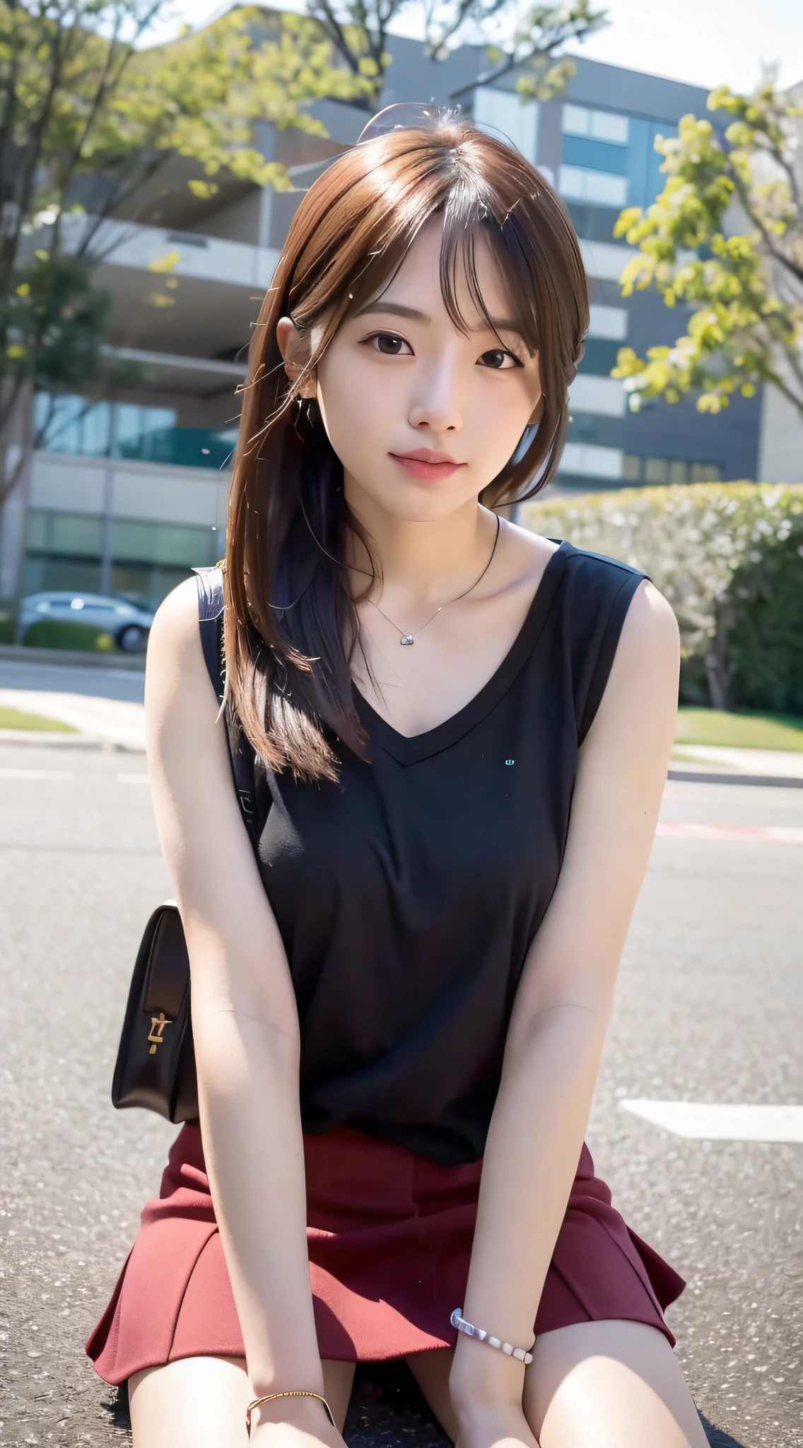 mix4, 20 days, Solo, Long_Hair, Nanase Nishino, Haruka Kaki, Miniskirt, park, bench, Sitting, (8K, RAW photography, Best quality, Masterpiece:1.2), (Realistic, Photorealistic:1.37), Professional lighting, photon maping, Radio City, physically-based renderingt