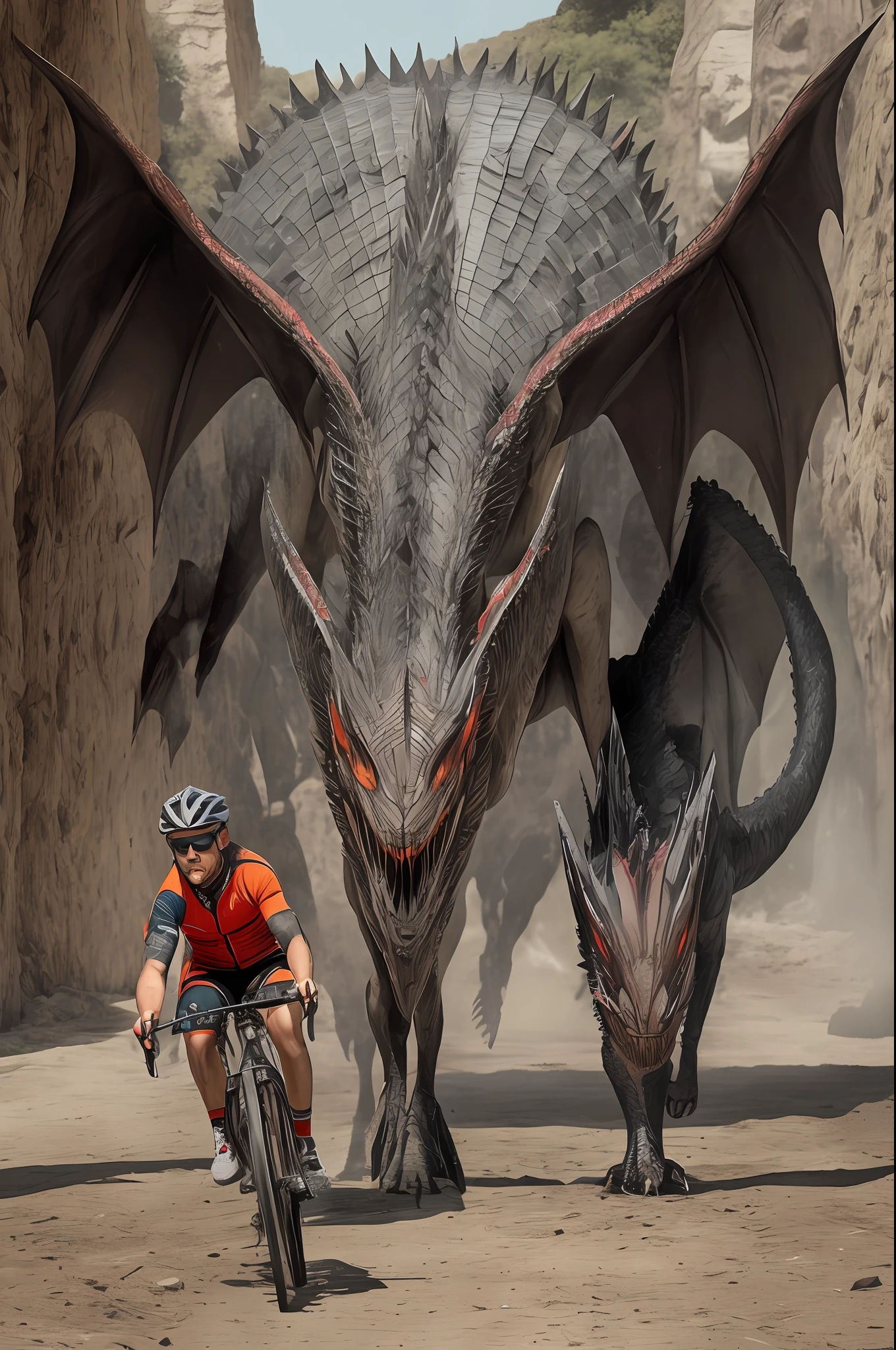 (obra prima), (extremamente detalhado), (alta qualidade), realista, retrato realista de um homem andando de bicicleta ao lado de Drogon, ciclista, ciclista como cavaleiro, aventura render hiper realista, pedalando na cidade de Westeros, pedalante.branco --auto --s2