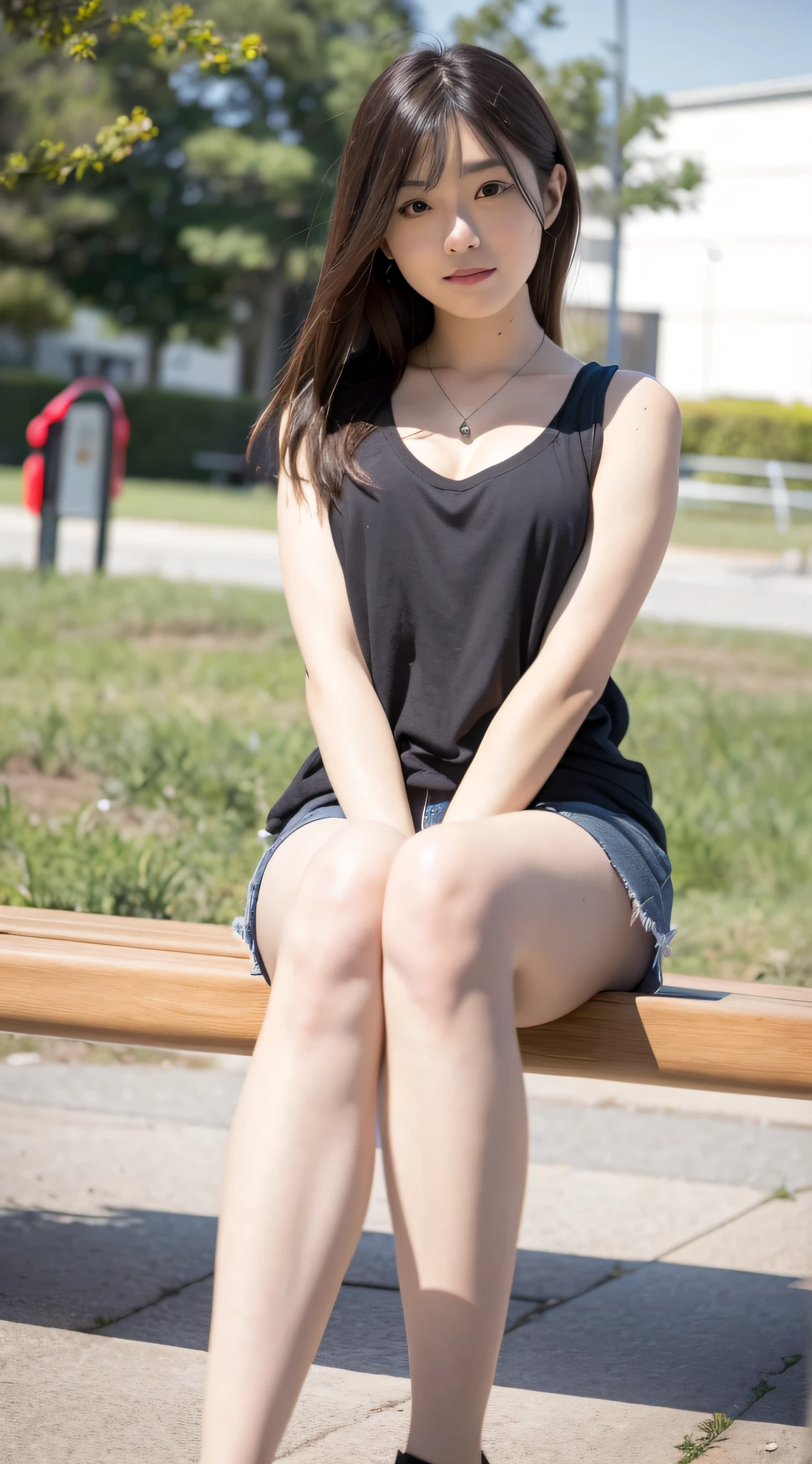 mix4, 20 days, Solo, Long_Hair, Nanase Nishino, Haruka Kaki, Miniskirt, park, bench, Sitting, (8K, RAW photography, Best quality, Masterpiece:1.2), (Realistic, Photorealistic:1.37), Professional lighting, photon maping, Radio City, physically-based renderingt