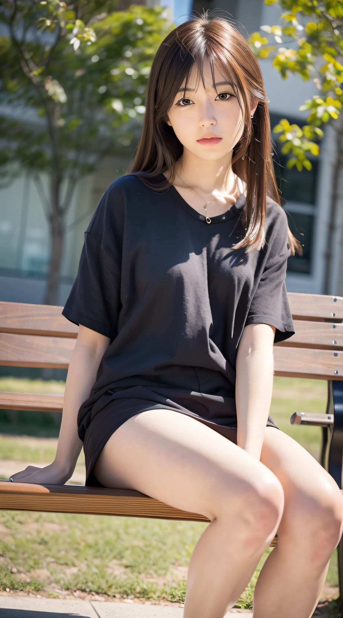 mix4, 20 days, Solo, Long_Hair, Nanase Nishino, Haruka Kaki, Miniskirt, park, bench, Sitting, (8K, RAW photography, Best quality, Masterpiece:1.2), (Realistic, Photorealistic:1.37), Professional lighting, photon maping, Radio City, physically-based renderingt