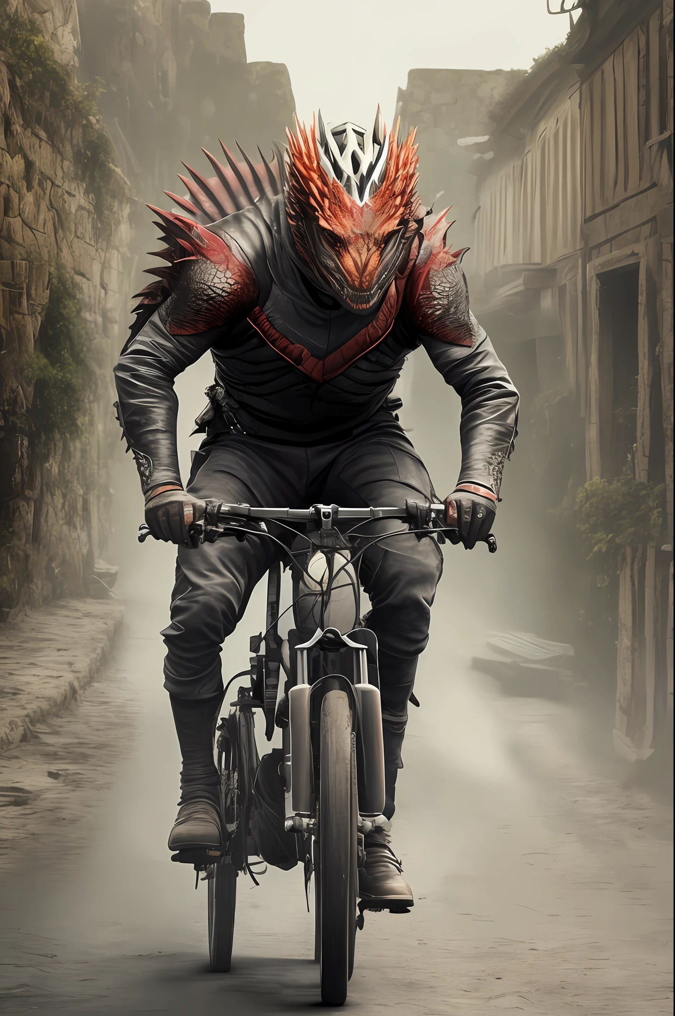 (obra prima), (extremamente detalhado), (alta qualidade), realista, retrato realista de um homem andando de bicicleta ao lado de Drogon, ciclista, ciclista como cavaleiro, aventura render hiper realista, pedalando na cidade de Westeros, pedalante.branco --auto --s2