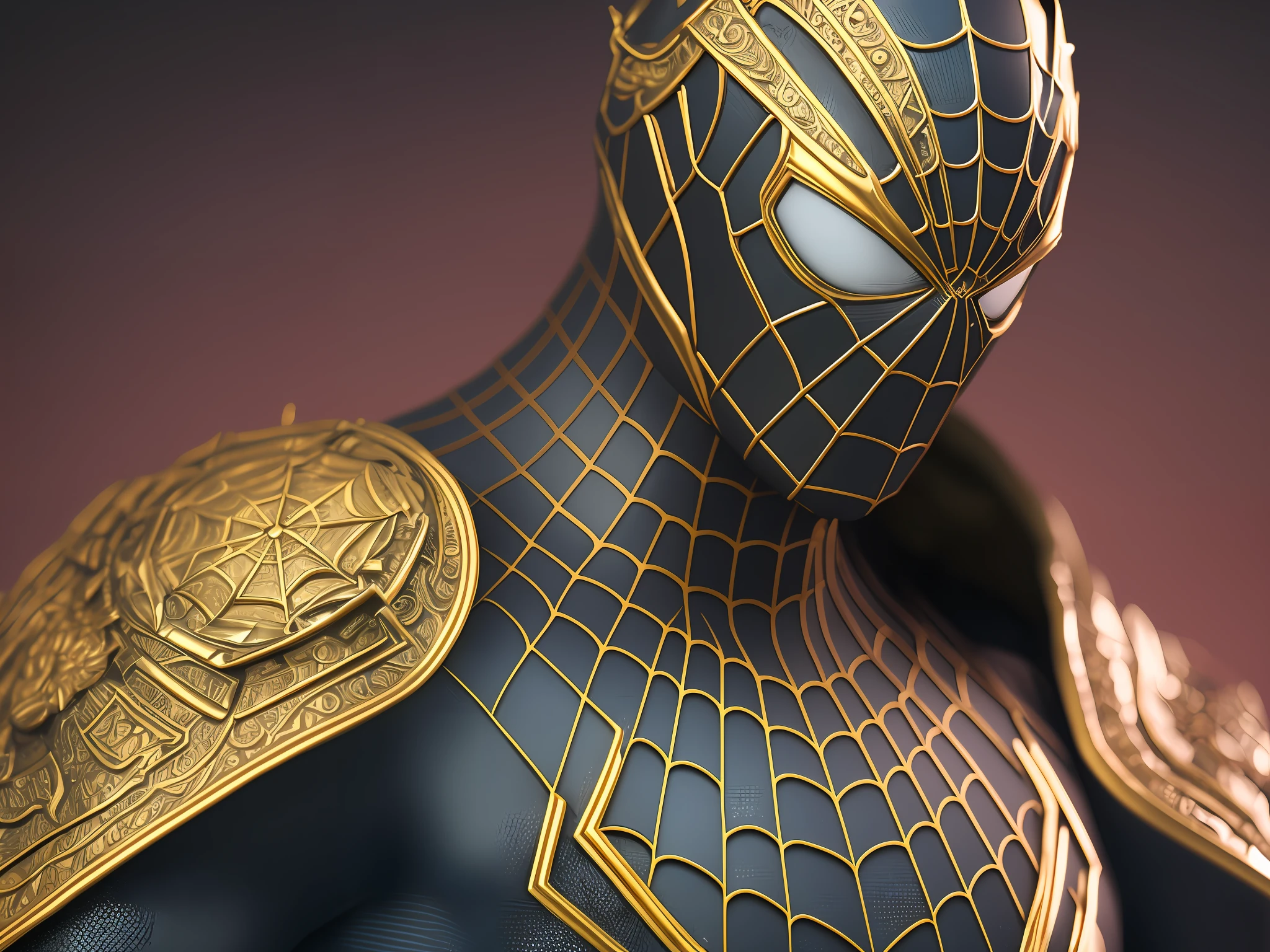 Upper body dressed in gold and black,Close-up of a statue of a man,The face has gold and black,Super detailed rendering,3 D rendering character art 8 K,Intricate black and gold armor,Complete samurai armor Spider-Man,high detail iconic character,8K rendering",octane render”,Octane rendering",Super detail octane rendering",Super detailed octane rendering,Ultra-detailed 3D rendering, futuristic style spiderman --auto